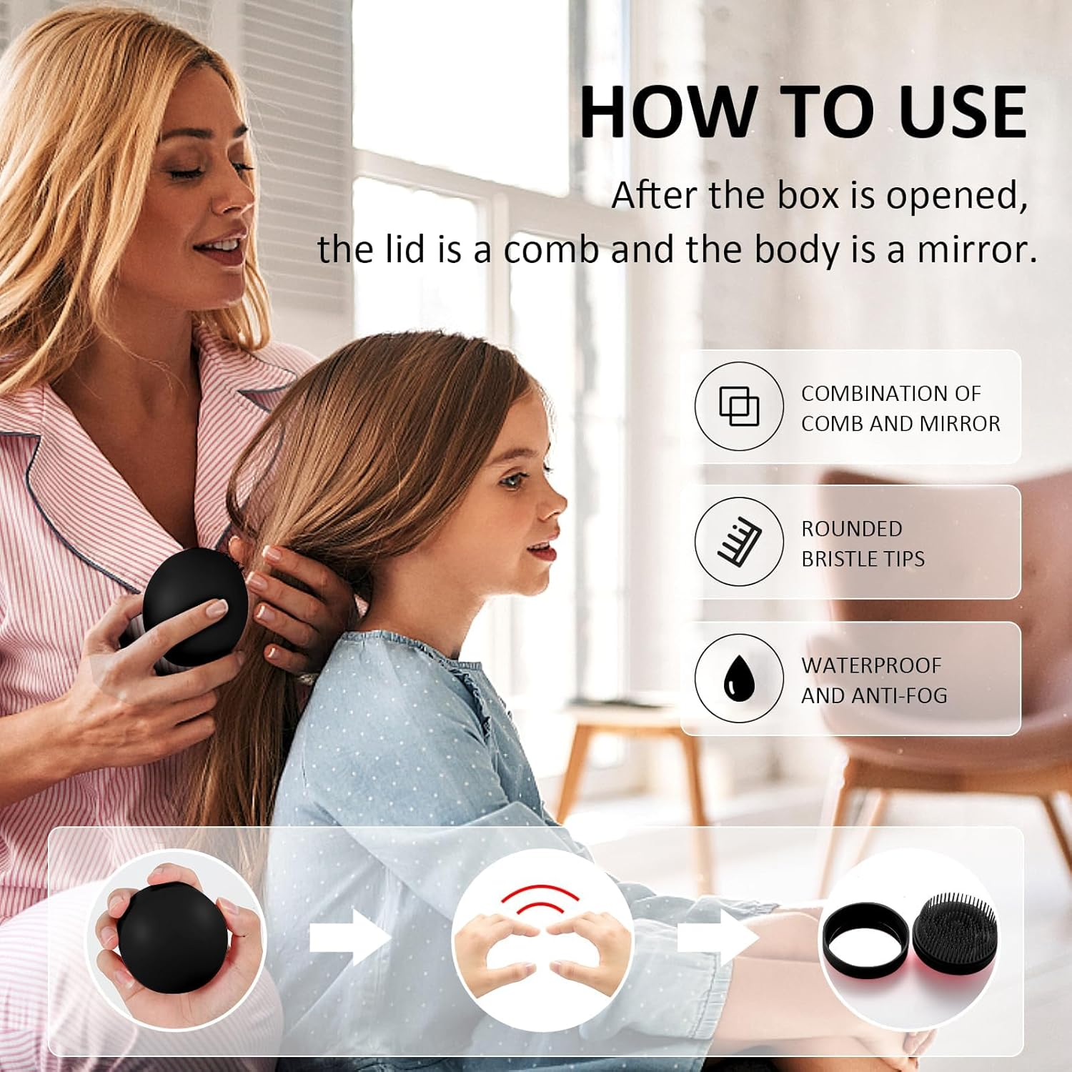 Travel Hair Brush and Mirror Portable Pocket Frizz Ease Detangling Hairbrush Small Tangle Teaser Massage Comb Set round Curly Wavy Hair Brush Fine Thick Hair Brush for Men Women Kids Girls (Black) image number 2