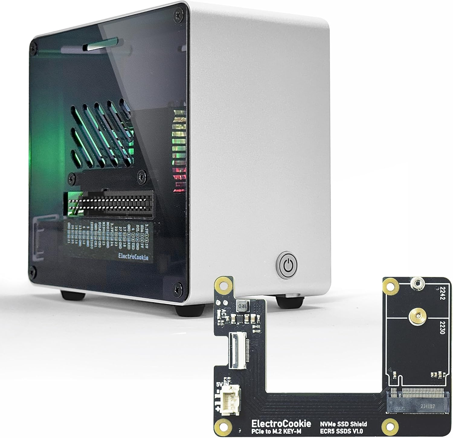 Electrocookie Raspberry Pi 5 Case, Aluminum Mini Tower Case with M.2 Nvme SSD Pcie HAT and Active RGB Lighting Cooler (Silver)