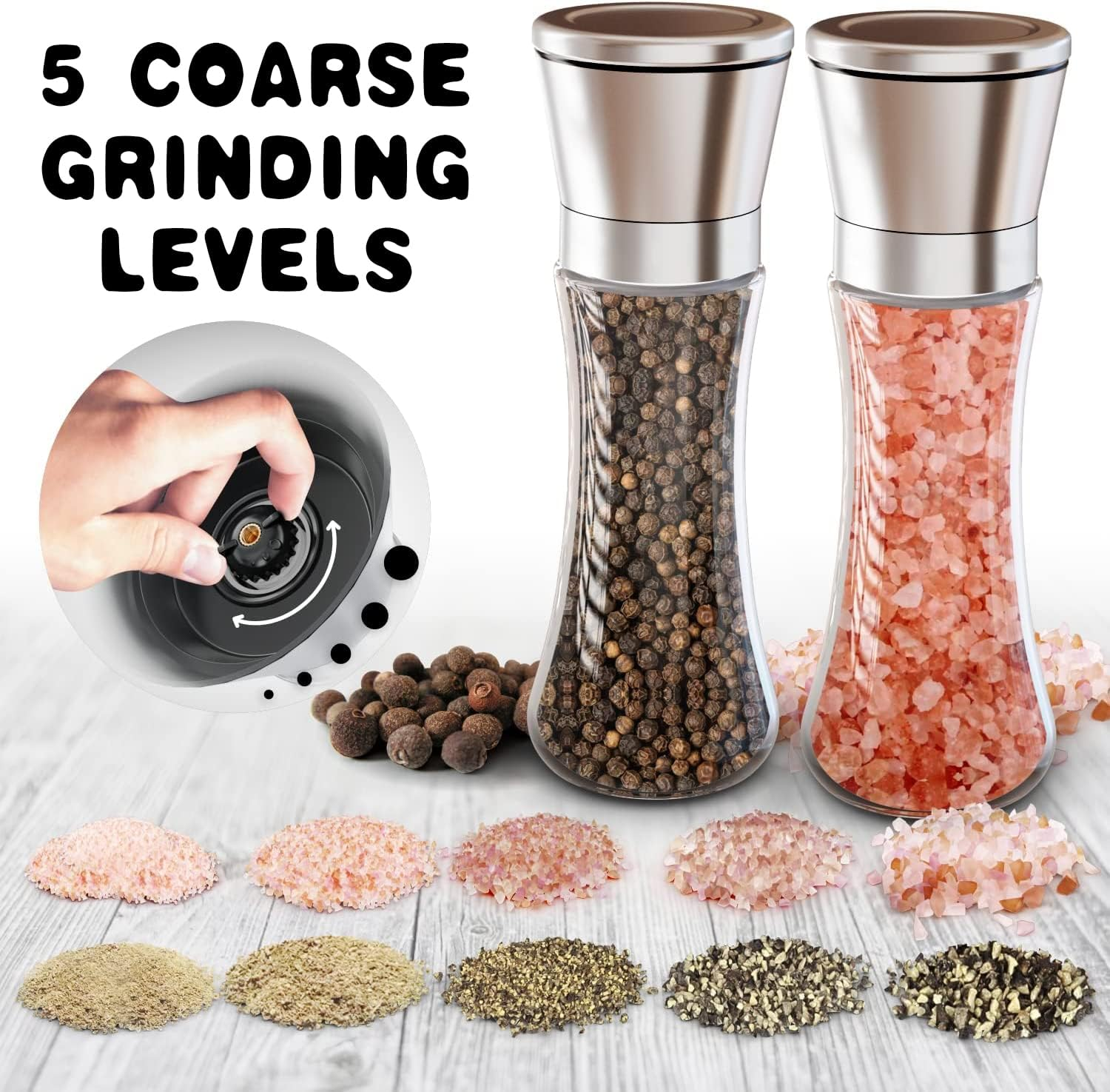Salt and Pepper Grinder Set, Adjustable Coarseness Coarse & Fine Salt Shakers, Premium Ceramic Glass Body Salt and Pepper Mills [Without Spice Content] image number 2