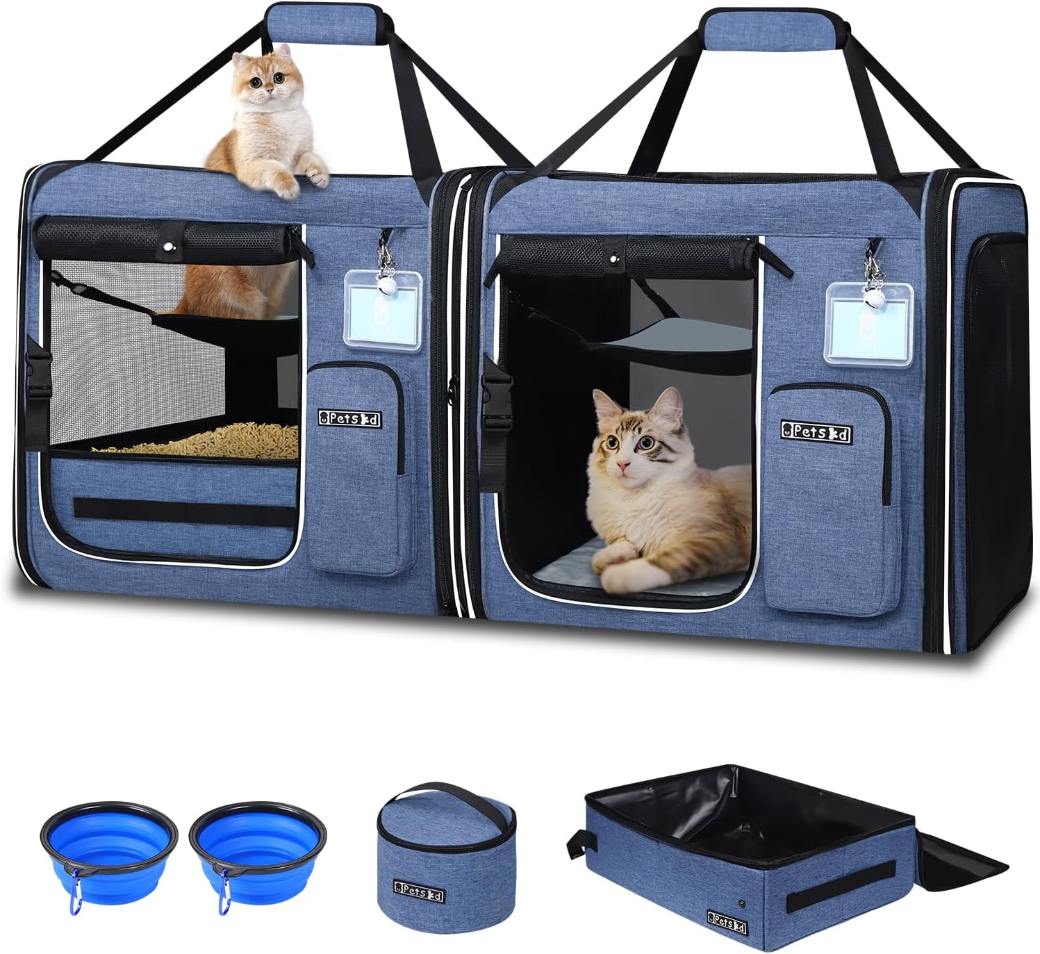 Petskd 2 in 1 Double Cat Car Travel Carrier with Litter Box, 38"X17"X18" Portable Dual Extra Large Cat Carrier for Multiple Cats with Zipper Locks for Moving across the Country