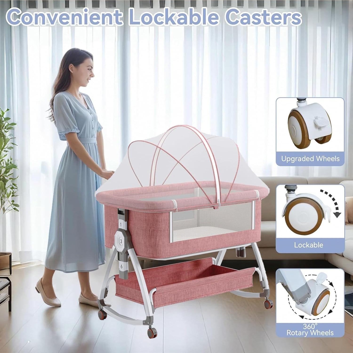 Hoxue 4 in 1 Baby Bassinet Crib,Portable Bassinets Bedside Sleeper with Comfy Mattress Storage Basket and Mosquito Net,Pillow,Summer Sleeping Mat,Height Adjustment Rocking Bedside Crib (Pink) image number 6