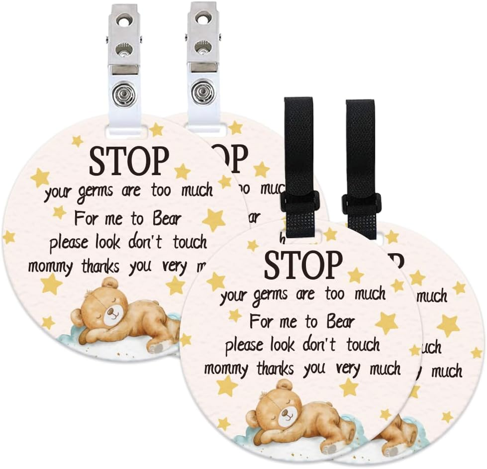 ORIGACH 4 Pack Sleeping Bear Design Don'T Touch Baby Sign Please Look Baby Car Seat Tag with Hanging Strap and Clip for Newborn Girl Boy