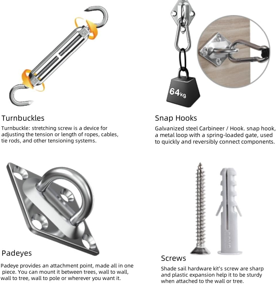 44Pcs Sun Shade Sail Hardware Kit for Triangle Square Rectangle Sun Shade Sails Installation, M6 Stainless Steel Sun Shade Sail Kit for Garden Lawn Patio, Anti-Rust image number 1