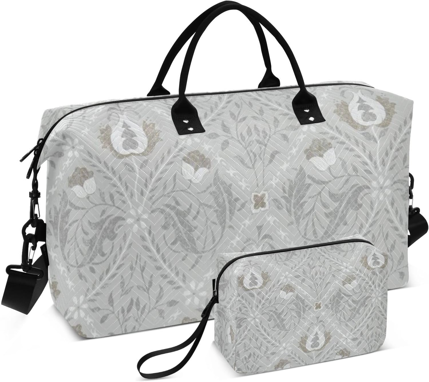 Grey Vintage Flower Texture Travel Tote Bag Travel Weekender Gear Bag Gym Tote Bag with Adjustable Strap for Yoga Multifunctional, Grey Vintage Flower Texture, 1 Size image number 6
