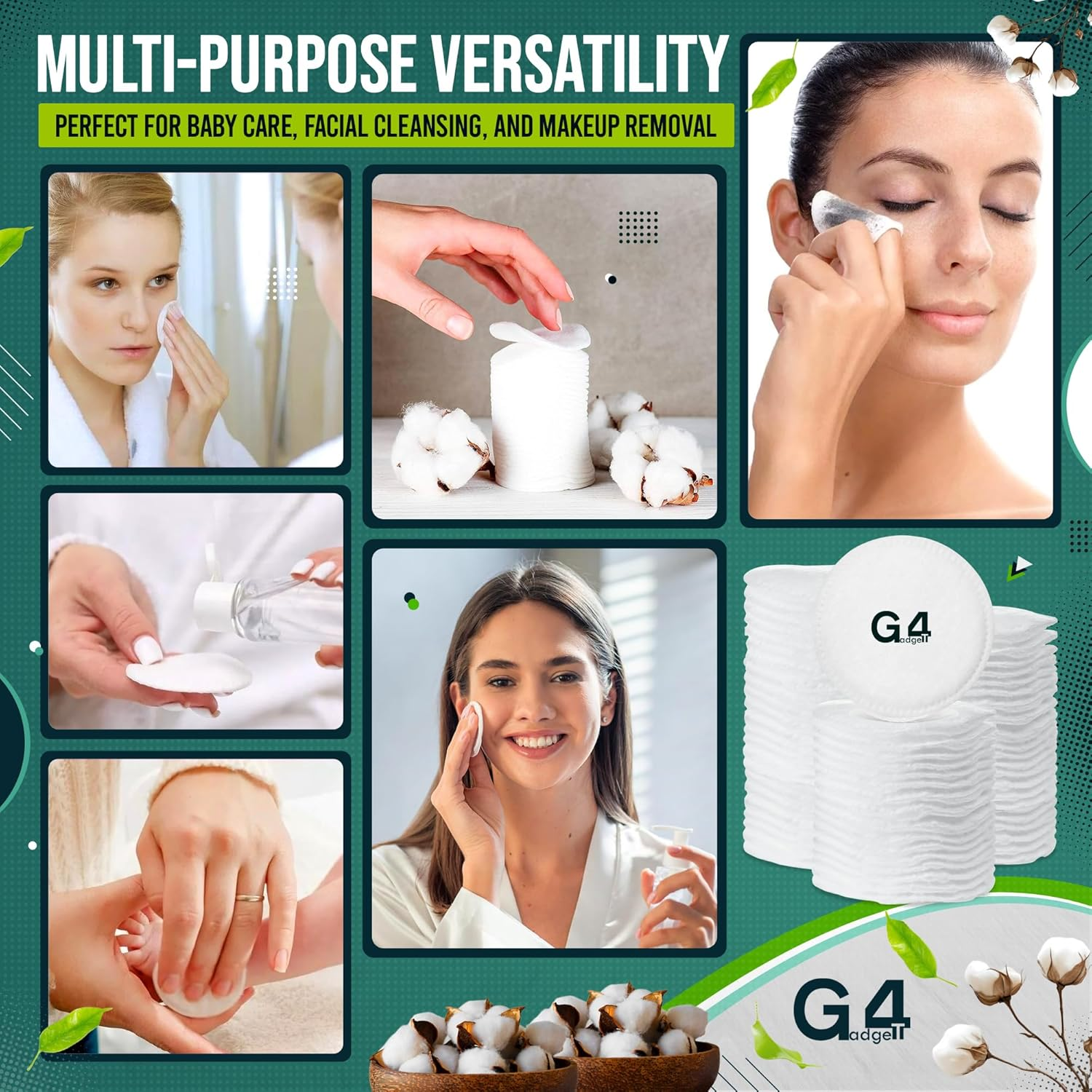 G4GADGET Cotton Pads for Face, 100% Pure Cotton Wool, Soft & Absorbent Makeup Remover Pads, Hypoallergenic, Gentle on Sensitive Skin, Ideal for Beauty & Baby Care, 100 Count image number 4