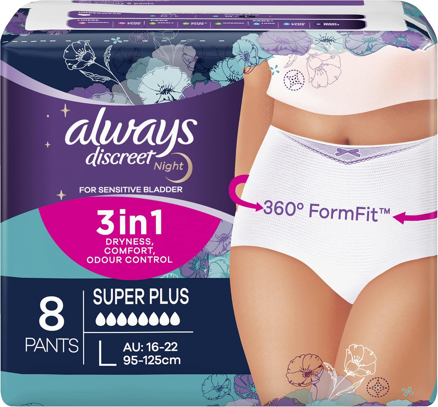 Always Discreet Incontinence Underware, Super plus Large, 8 Pack