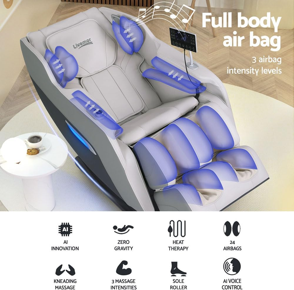 Livemor Electric Massage Chair Recliner 24 Nodes Full Body Massager Head Back, Heating Chairs, Soft PU Leather Zero Gravity Massages Kneading Relaxation Rolling Foot Massagers Reclining Machine Grey image number 1