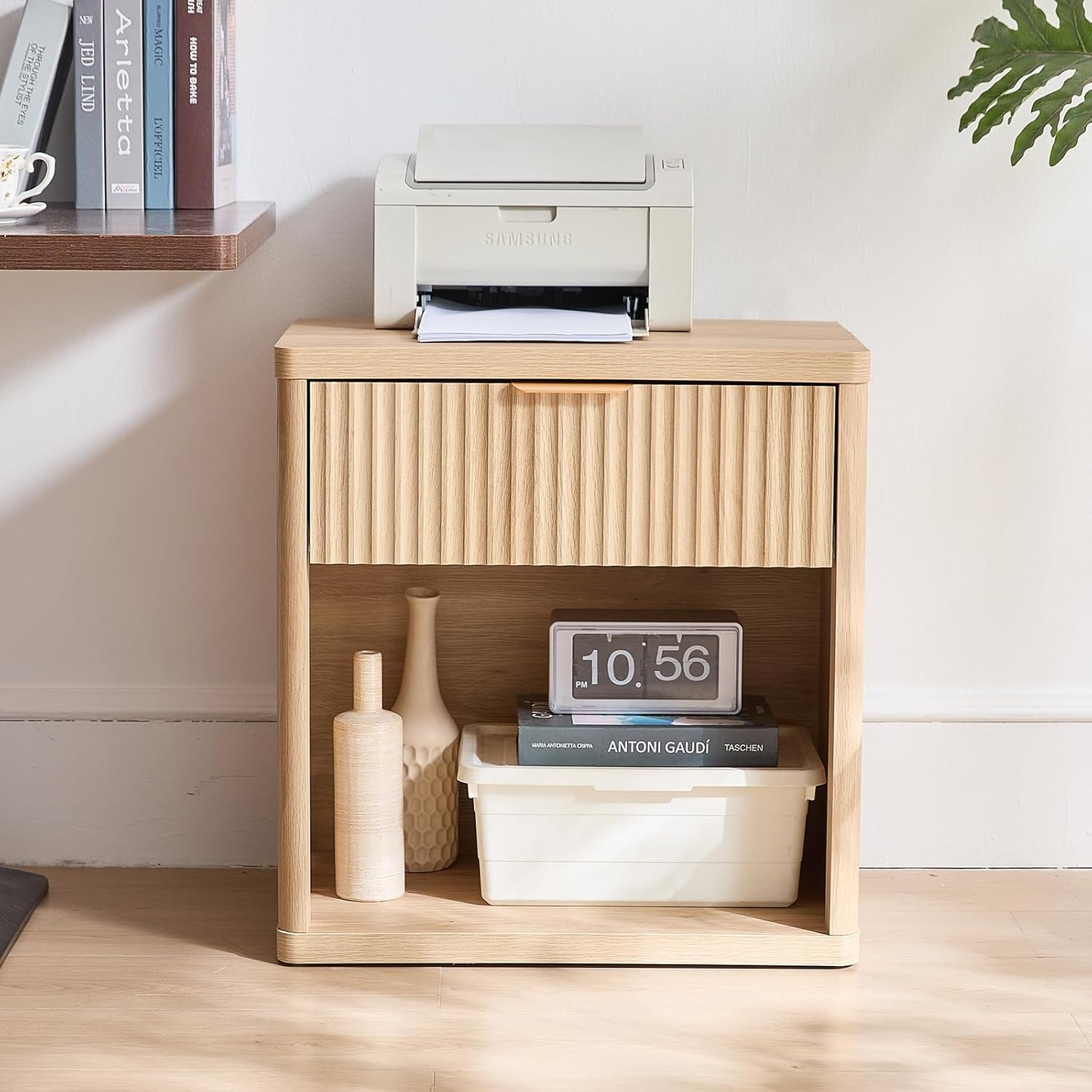 LELELINKY 58 X 39 Cm Fluted Bedside Table with 1 Drawer,Farmhouse Natural Bed Side Tables Storage Chest of Drawers with Open Shelf,Wood Nightstand Cabinet with Metal Handles for Bedroom,Living Room image number 1