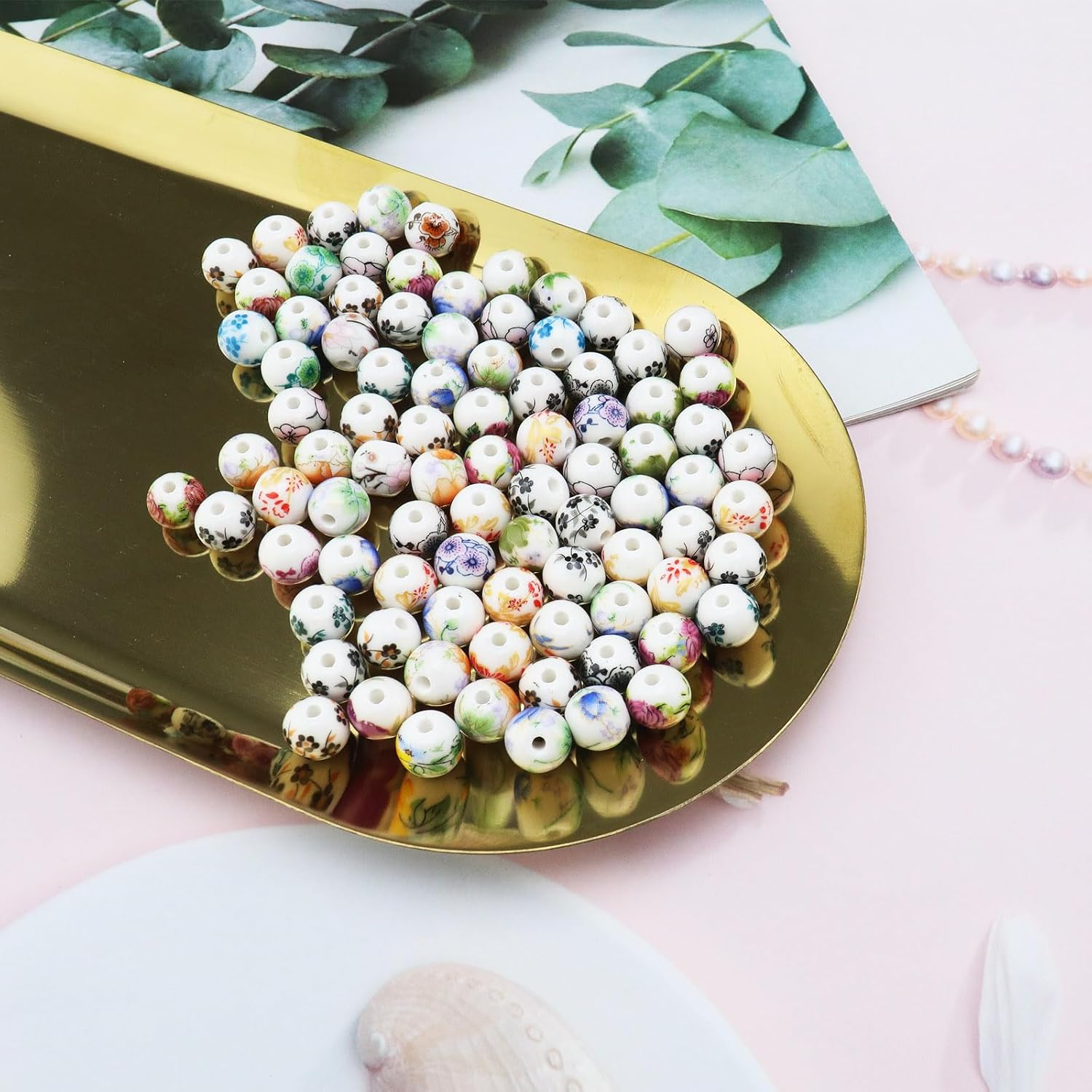 100Pcs round Ceramic Beads 10MM Colourful Flower Porcelain Beads 3MM Hole for DIY Earring Bracelet Necklace Jewelry Making image number 4