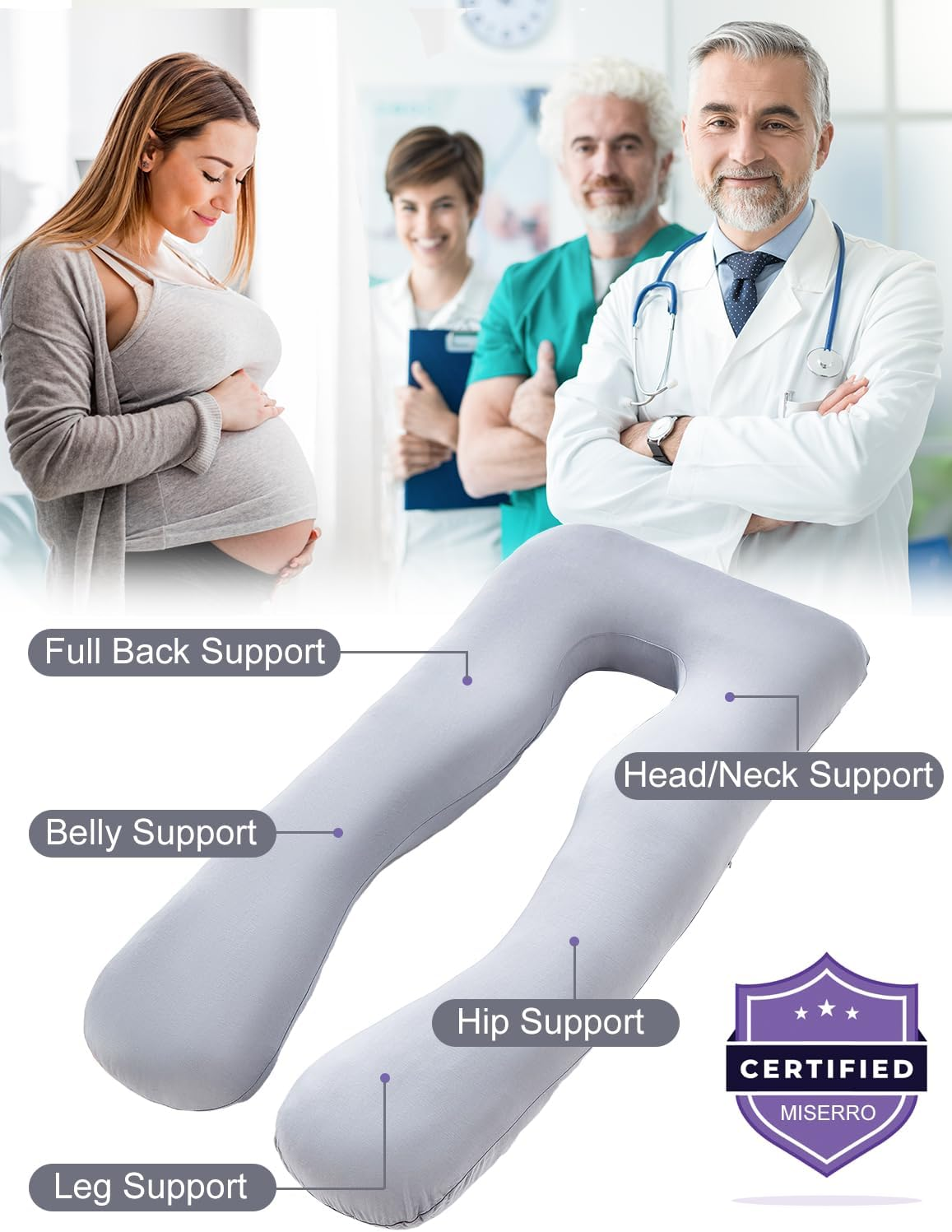 MISERRO Pregnancy Pillows for Sleeping Cooling, Bamboo Rayon Cotton Blend Pregnancy Pillow, Soft Full Body Maternity Pillow, Pregnancy Must Haves (Gray, 57Inches) image number 4