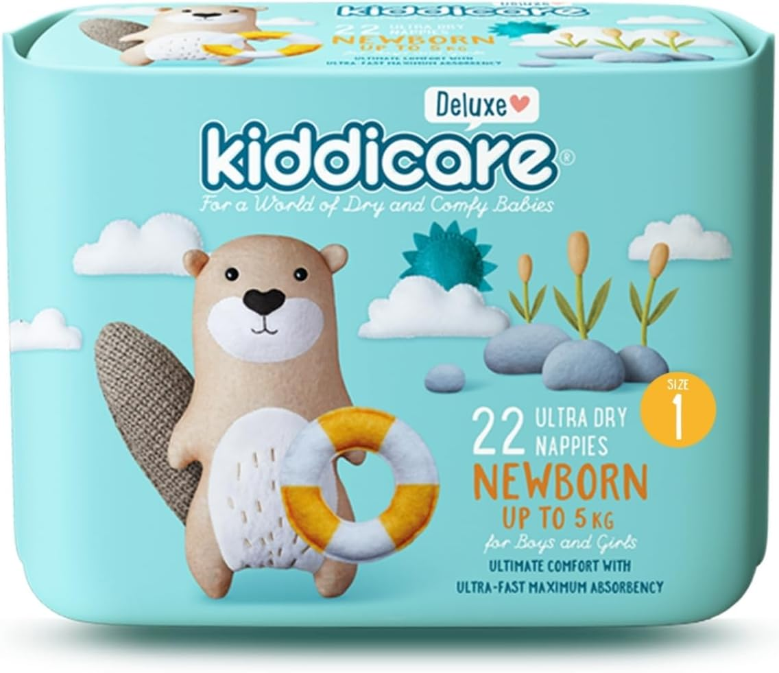 Kiddicare Deluxe Newborn Baby Nappies, Size 1 (Up to 5Kg), 22-Count, Pack of 1, Ultra-Fast 12-Hour Absorption, Leak Protection, Anti-Rash, Stretchy Sides for Better Fit, Soft & High Absorbent