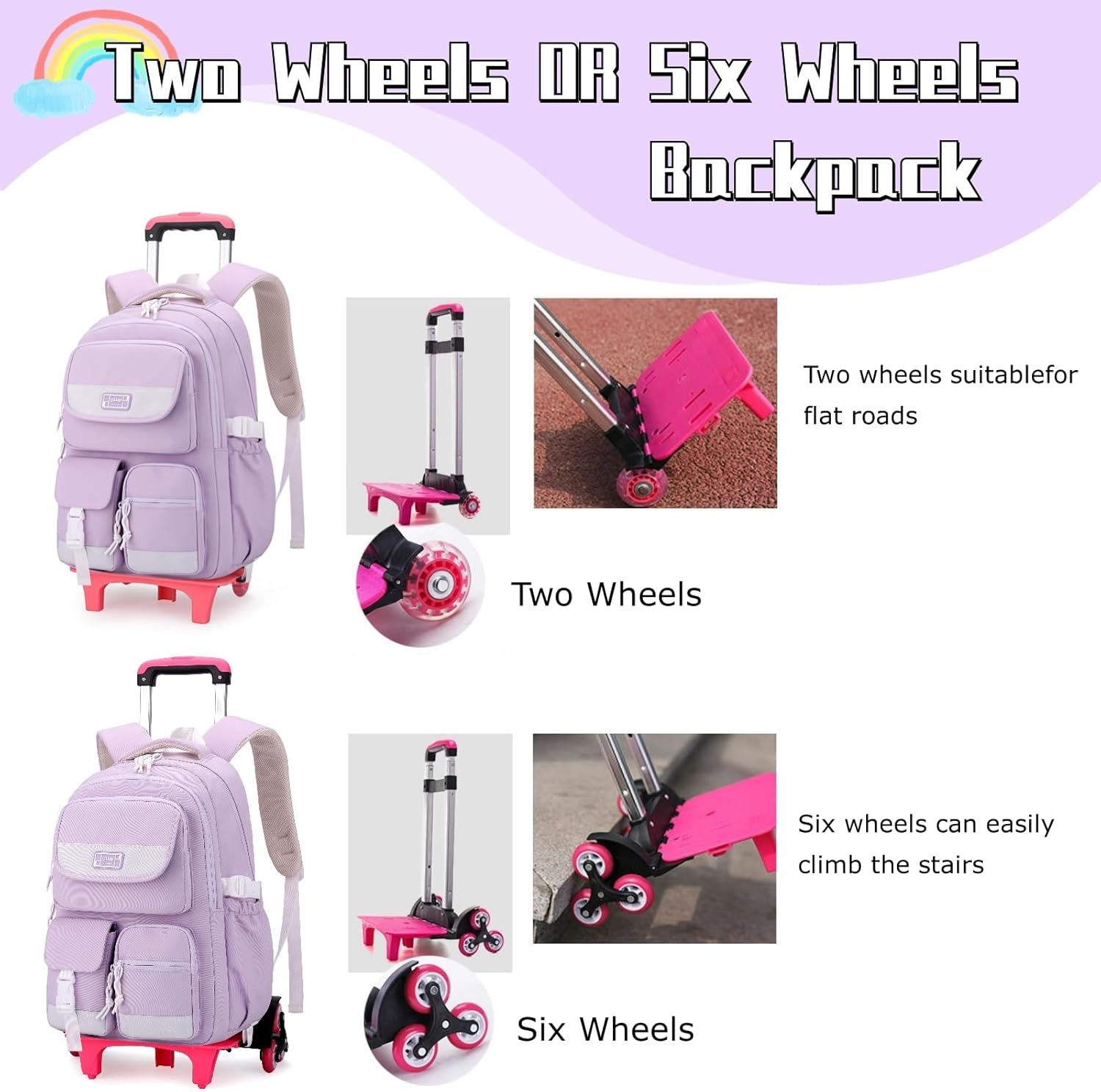 LANSHIYA Solid Color Girls Rolling Backpack with Wheels Schoolbag Elementary School Student Trolley Daypack image number 4