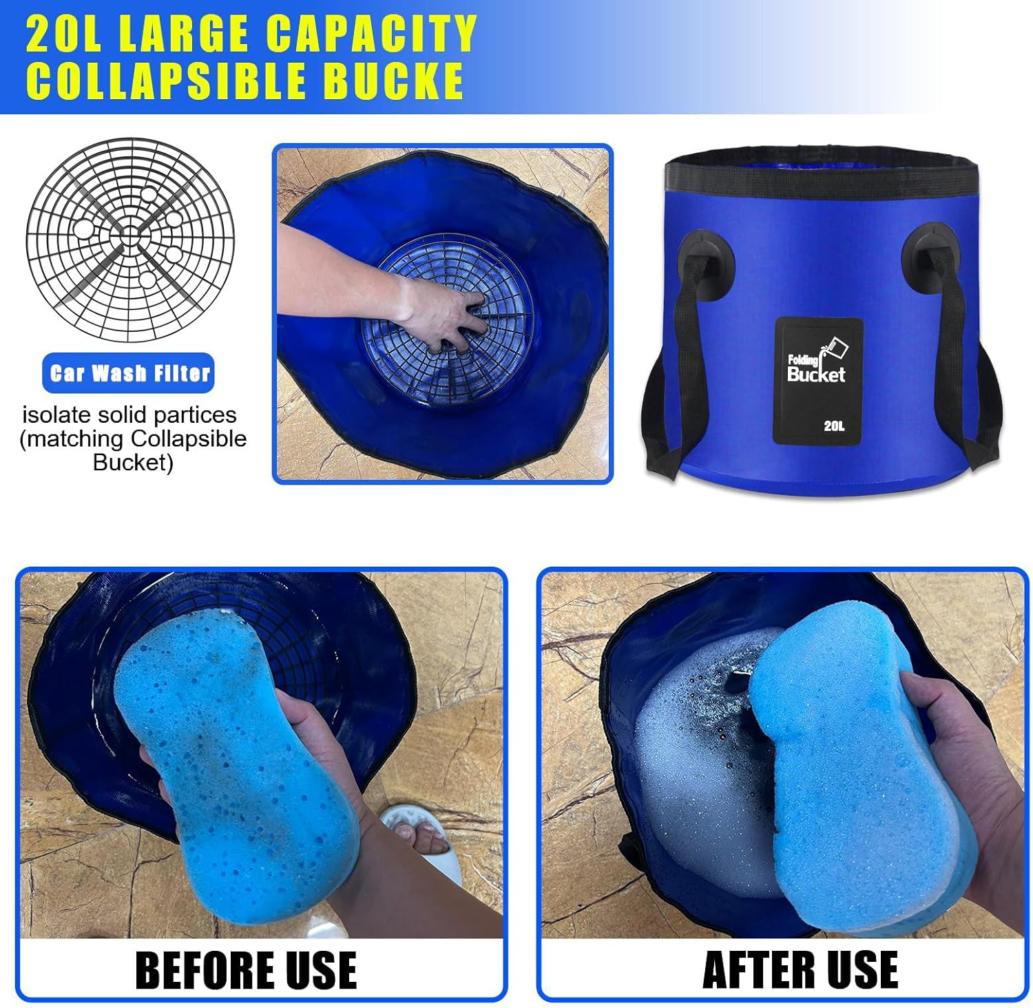 21Pcs Car Wash Kit,62" Car Wash Brush Mop with Long Handle,Car Cleaning Kit,Car Detailing Brush Set,Car Wash Bucket with Dirt Trap,Windshield Window Squeegee for Cars RV Truck Boat image number 5