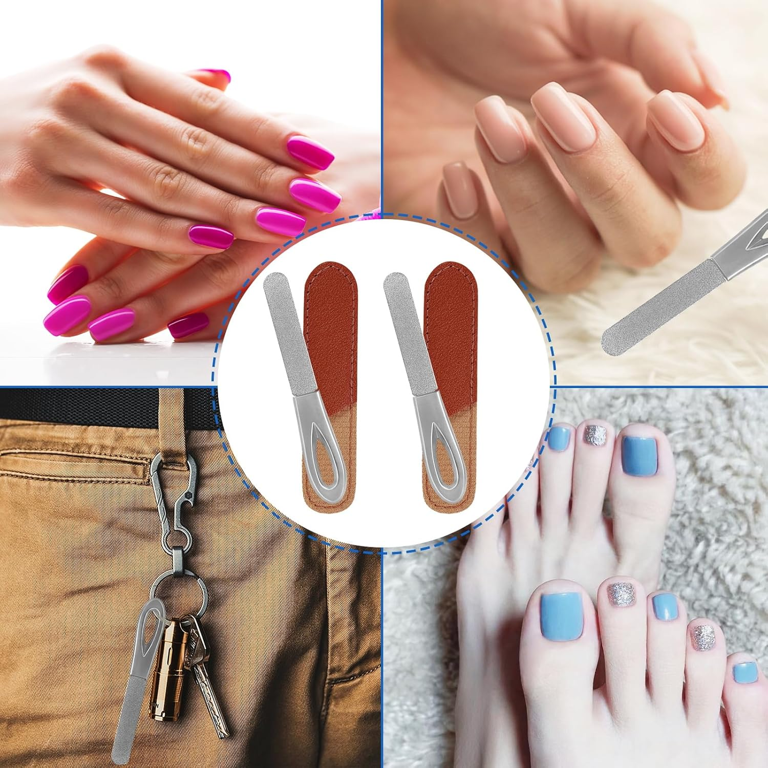 Metal Nail File with Case, 2 Pack Nail Files for Natural Nails, Fingernail Files Diamond round Tip Stainless Steel Double Sided Fine Grit Sapphire Filer with Sheath Leather Cases Travel Silver Brown image number 4