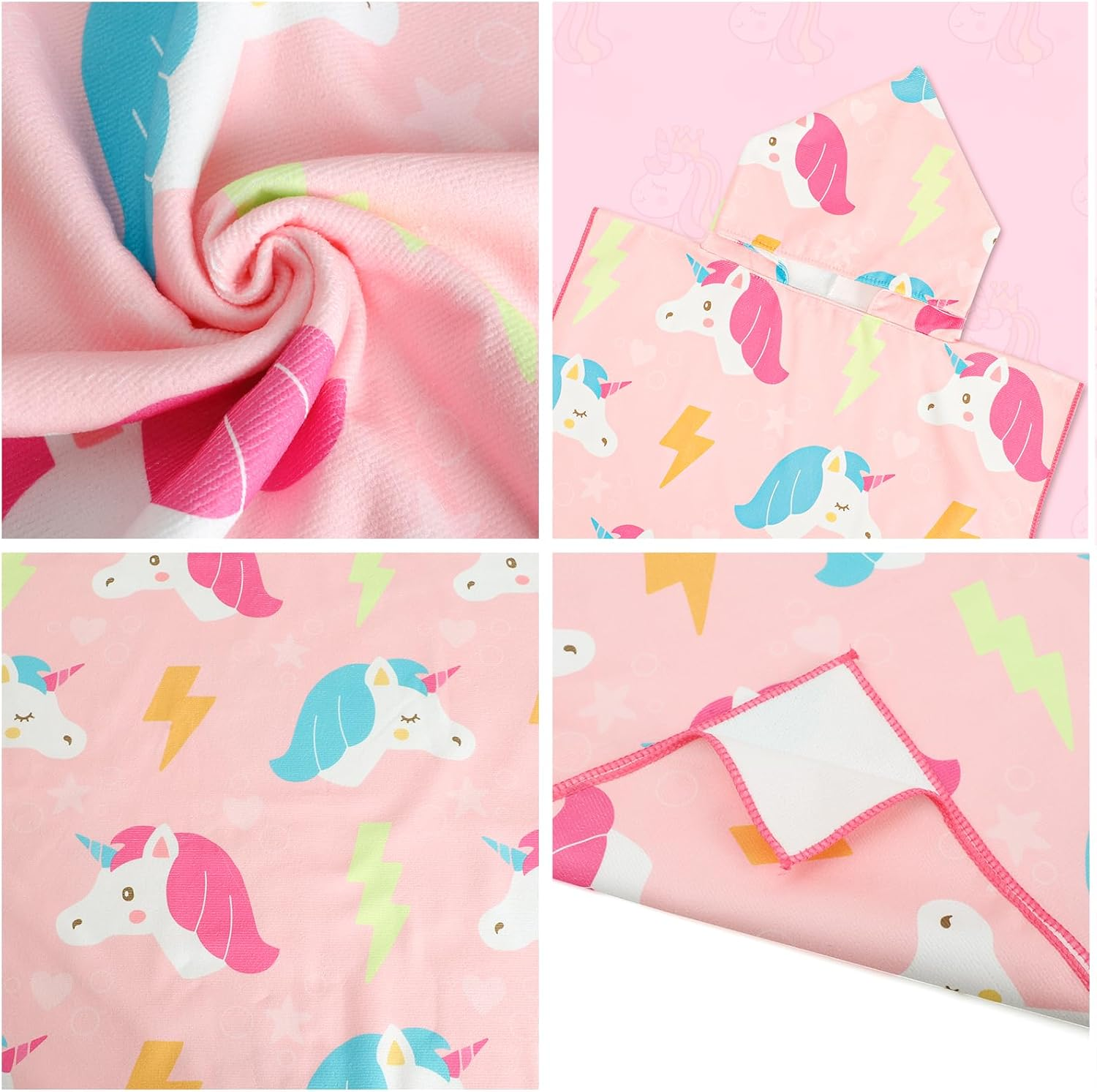 KAKU NANU Hooded Poncho Towels for Kids Beach Swimming Poncho Pink Unicorn Hooded Robe Girl Beach Poncho Pink 2 3 4 5 6 Years image number 3