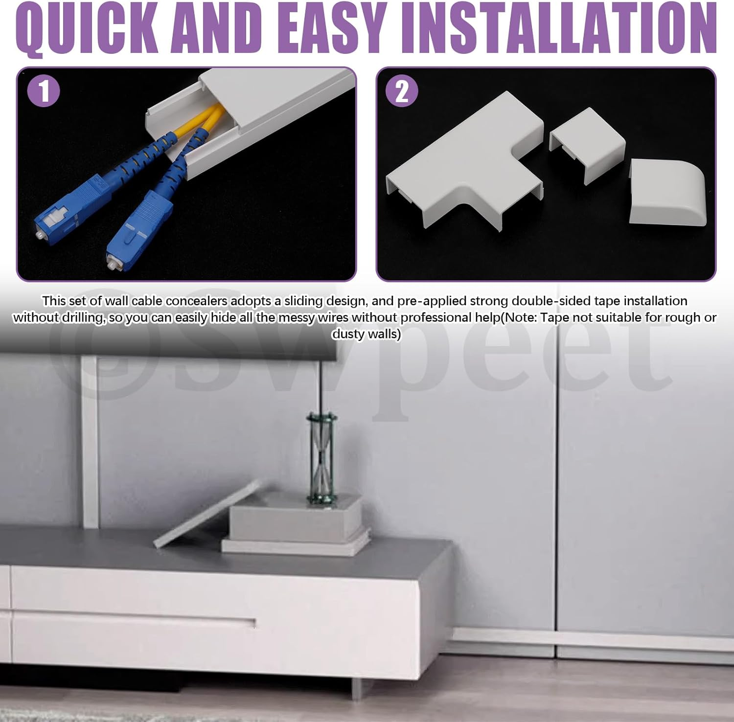 Swpeet 22Pcs 10 &times; W 0.96In &times; H 0.57In Paintable Cord Hider Kit, Cable Hider Cover Raceway Cord Management Cable Concealer Cord Covers for Wires on Wall Mounted TV image number 6