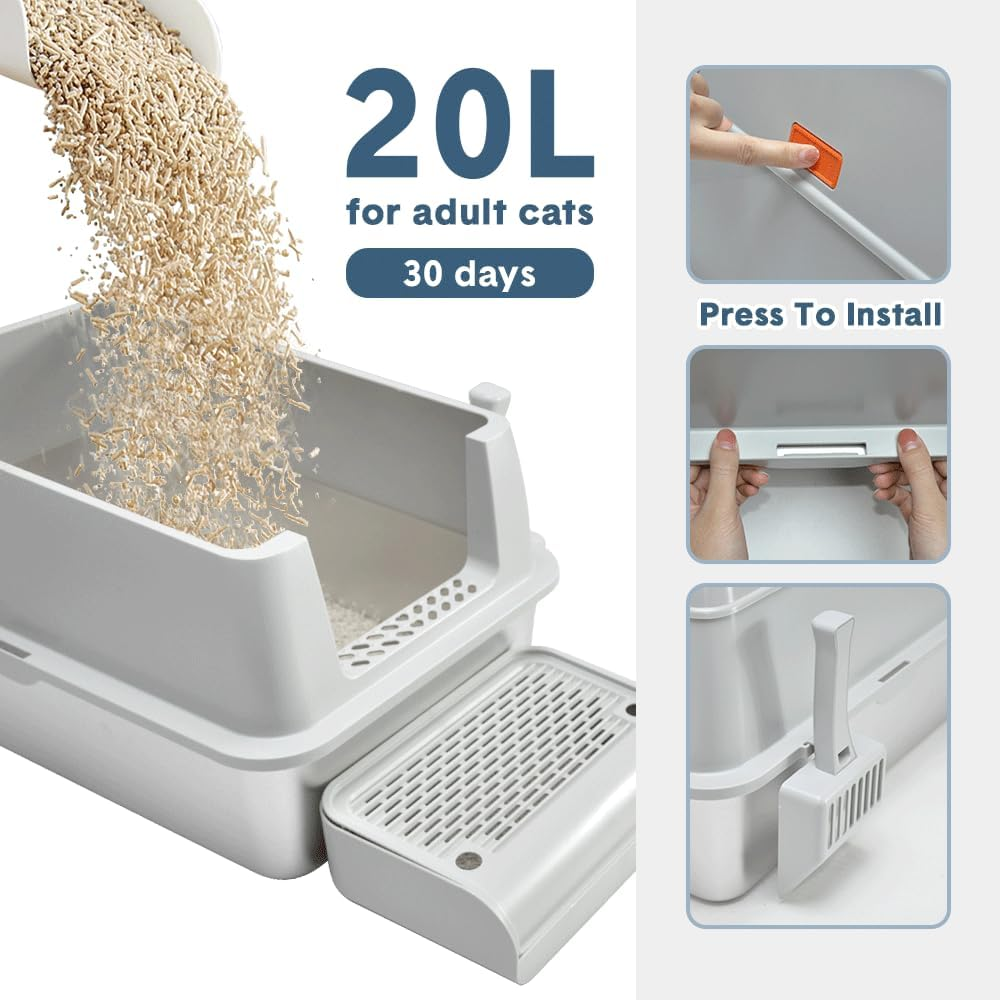 20L Cat Litter Box Large Stainless Steel Litter Box, Anti-Leak Enclosed Cat Litter Box Detachable Kitty Litter Tray with ABS Lid High Sides Scoop and Ramp Easy Cleaning Light Grey image number 4