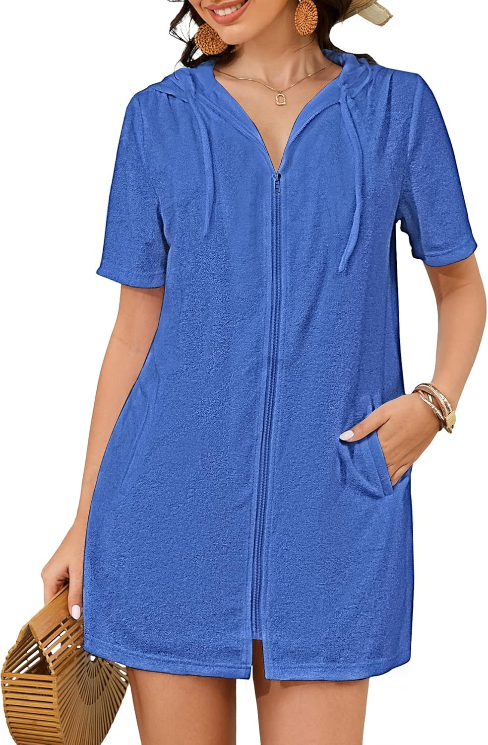 Bsubseach Terry Cloth Cover up for Women Zipper Hooded Swim Robes Beach Shirt with Pockets