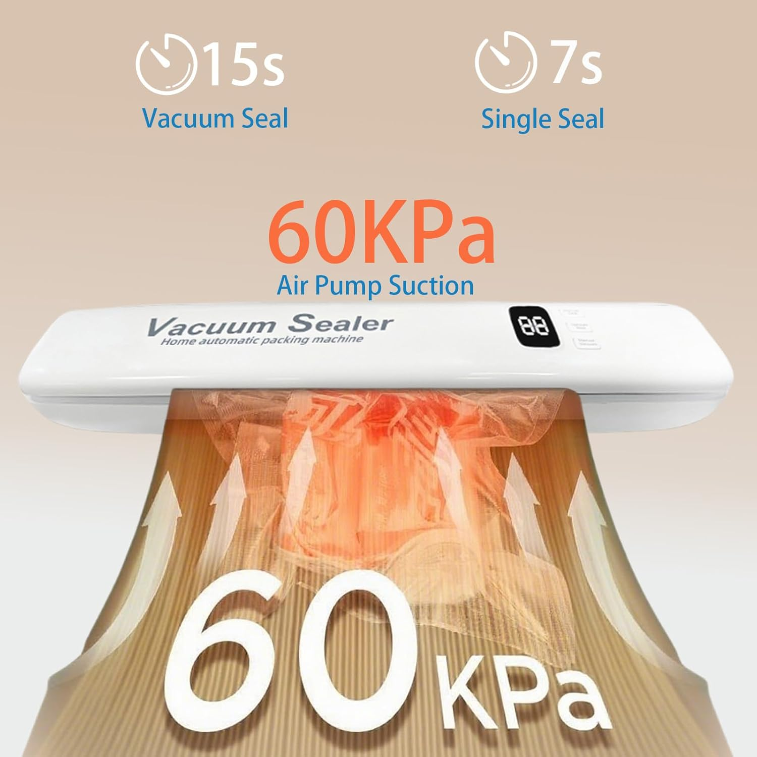 2025 Vacuum Sealer for Food, 60KPA Strong Suction, 3 Modes with Digital Timer, Multi-Functional for Dry/Wet Food, Vacuum Sealing Machine，Multiple Usage and Portable，With 10 Free Vacuum Bags image number 3