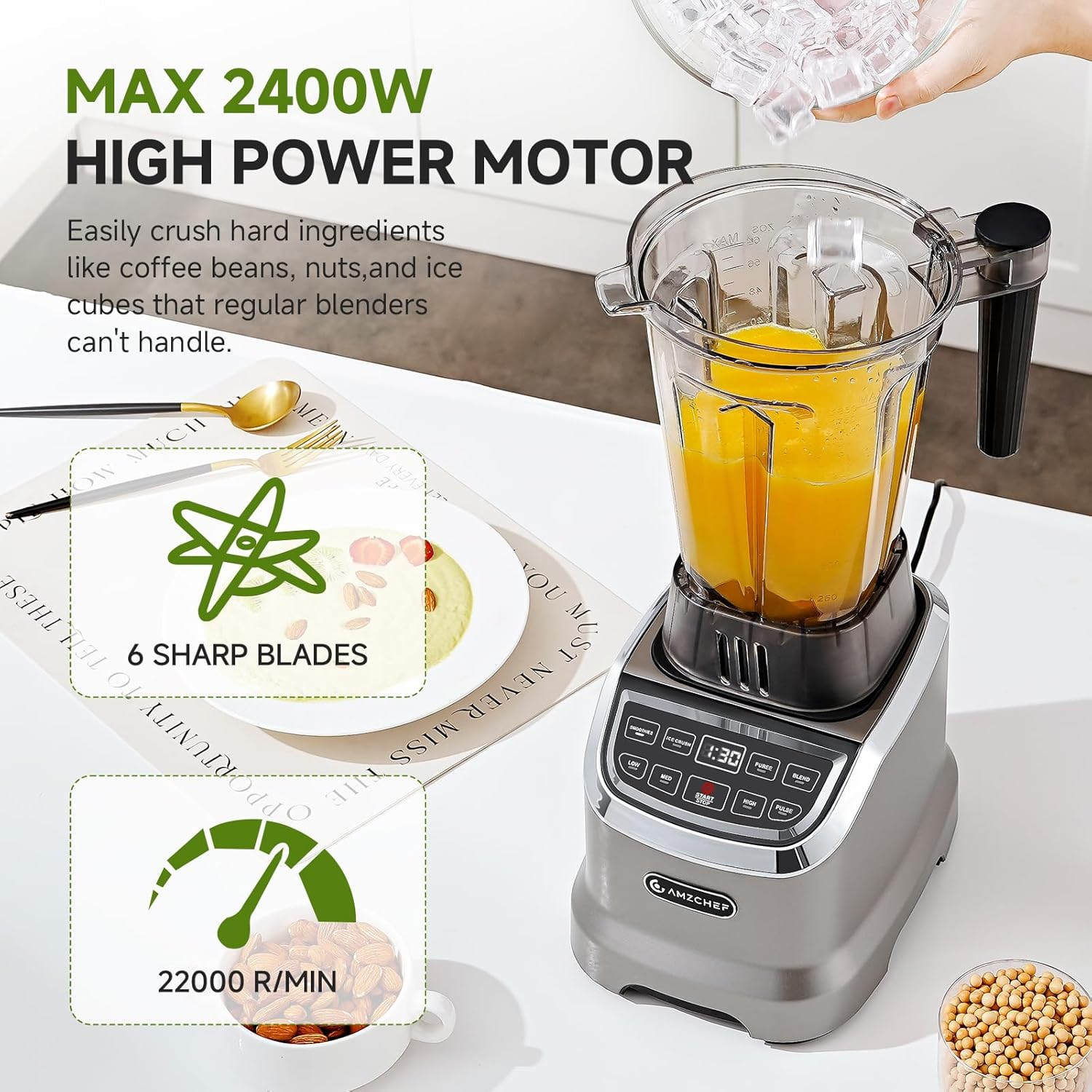 AMZCHEF Jug Blender, MAX 2400W Blender Smoothie Maker with Two Way,1.8L Jug & 600Ml Portable Blender,4 Functions and 3 Speeds, Bpa-Free for Frozen Drinks,Smoothies, Ice Cream, Soup image number 5