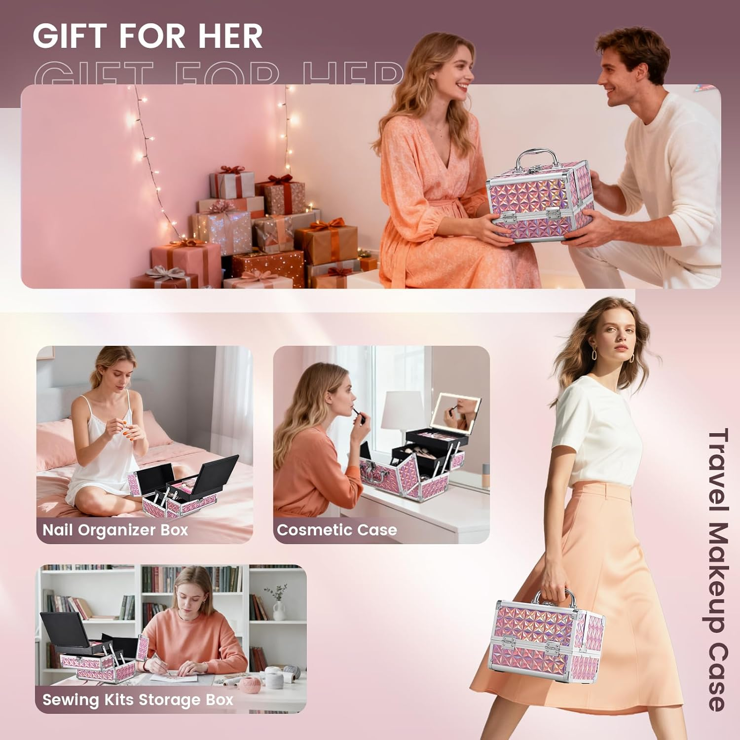 Makeup Case with Lighted Mirror Travel Makeup Organizer Box Portable Lockable 2 Trays Cosmetic Train Case with LED Mirror for Girls Make up Nail Kits Sewing Vanity Storage Case, Shiny Pink image number 3