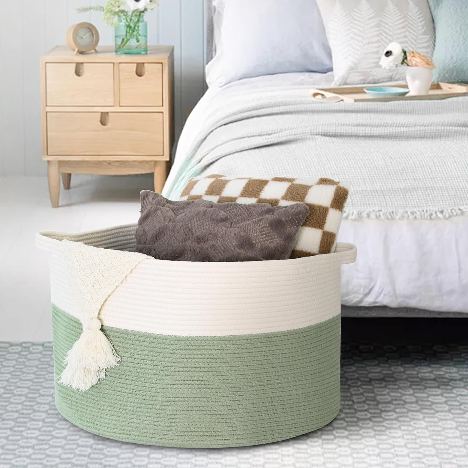 MEGASKET Extra Large Green Storage Baskets, 22" X 22" X 14" Kids Toy Baskets Storage, XXXL Dog Toy Bin Basket, Nursery Baby Toy Organizer Box, Soft Cotton Rope Woven Basket, Blanket Basket Living Room