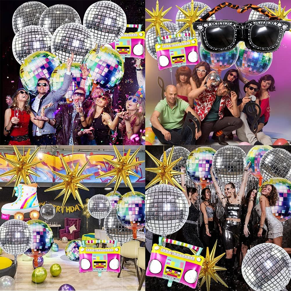 14 PCS Disco Ball Radio Boombox Roller Skate Glasses Gold Explosion Star Huge Foil Balloons Party Decoration Set for Birthday Bachelorette 70S 80S 90S Theme Disco Party Decor Supplies image number 1