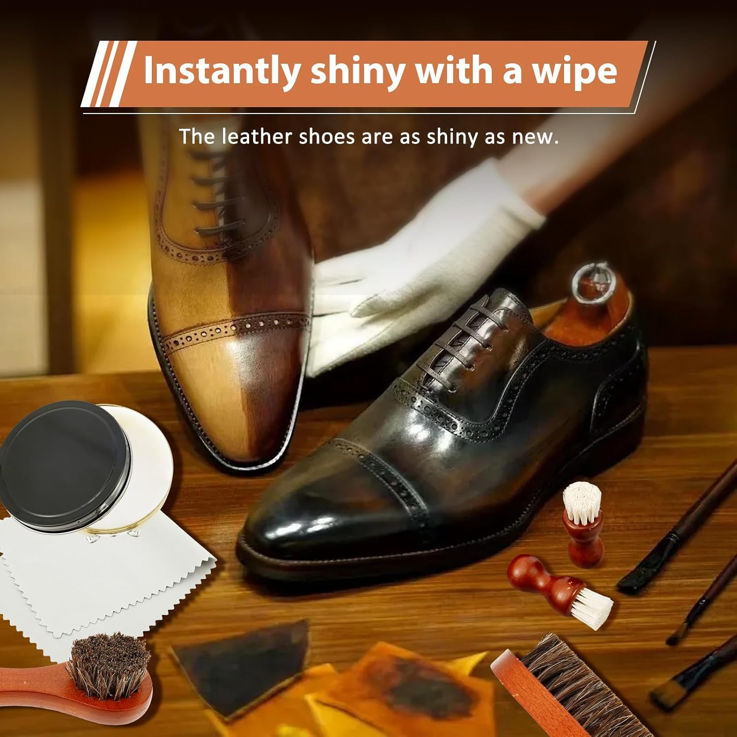 Shoe Polish Kit, 15 Pcs Shoe Polish Caring Horsehair Shoe Polish and Brush Set Portable Leather Shoe Shine Set Leather Boots Cleaning Brush for Sofa Jacket Gloves Handbag image number 4