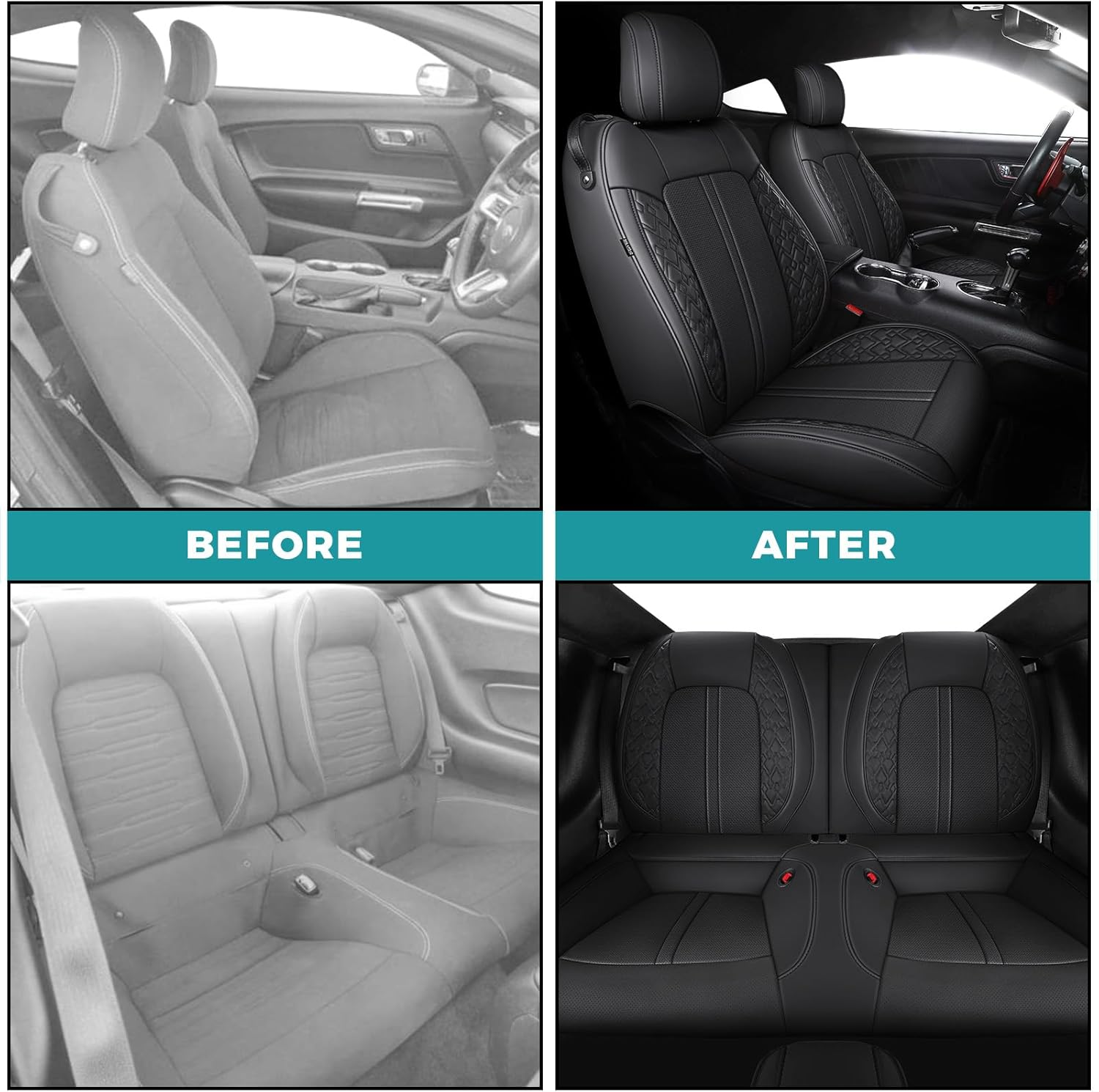 FEINEPRO Custom Fit Car Seat Covers for Ford Mustang Fastback/Mach 1/ Coupe (Not for Recaro) 2015 2016 2017 2018 2019 2020 2021 2022 2023, Waterproof Faux Leather Seat Covers Black image number 6