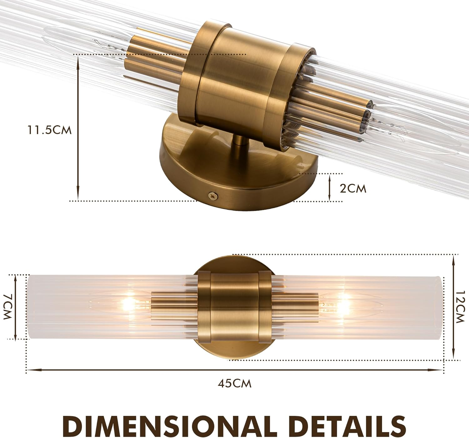 FTL Gold Vintage Wall Sconces Lighting, 2-Lights Wall Lights Indoor Wall Lamp with Clear Striped Glass Lampshade and E14 Bulb Socket, Wall-Mounted Wall Lamp Lighting Fixture for Bathroom,Bedroom,Porch image number 6