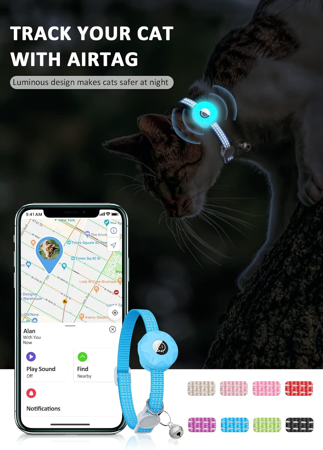 Airtag Cat Collar, Reflective Kitten Collar Breakaway Apple Air Tag Cat Collar, GPS Cat Collar with Airtag Holder and Bell, Lightweight Tracker Cat Collars for Girl Boy Cats Puppies (Luminous Blue) - Luminous Blue image number 3