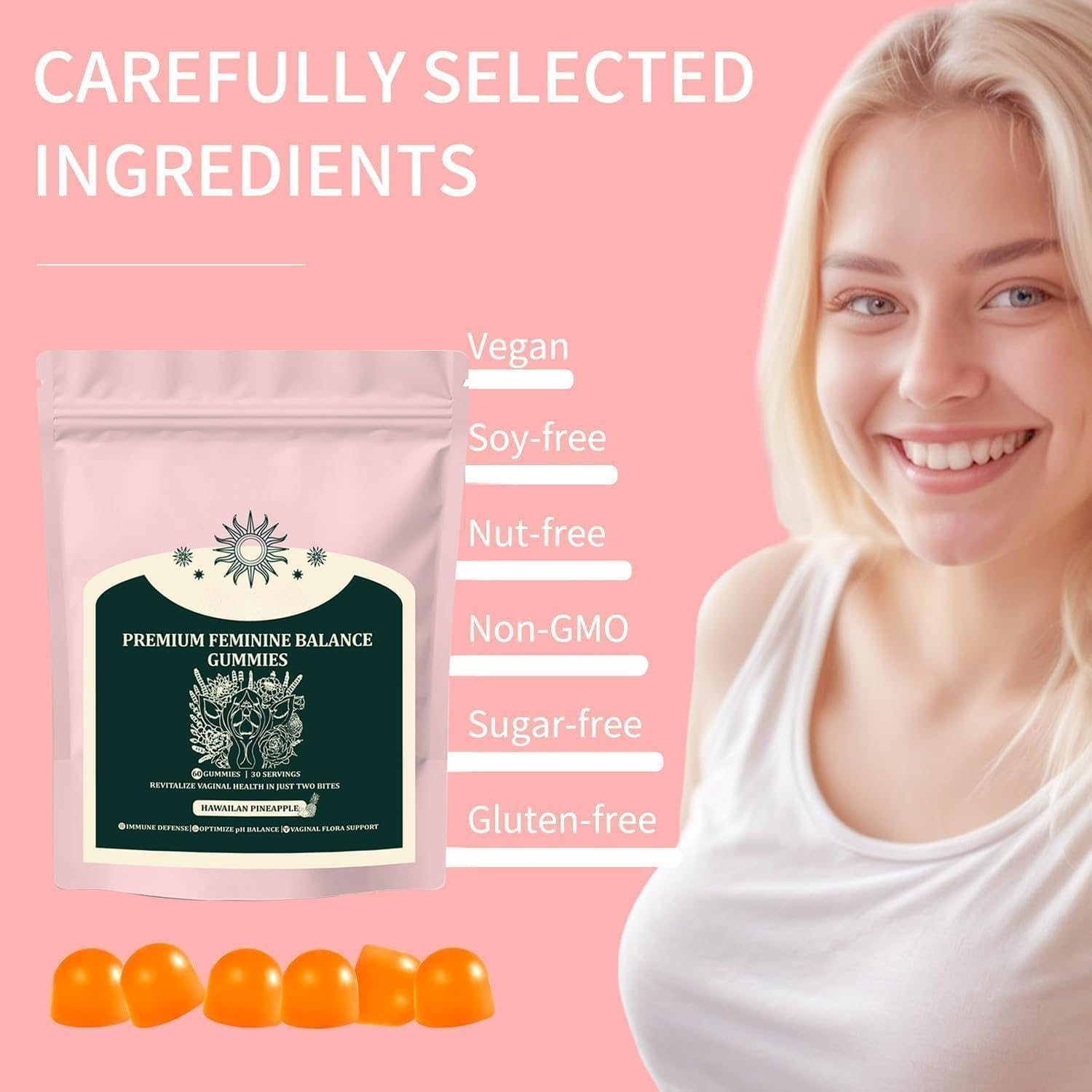 Feminine Balance Gummies &ndash; Vaginal Probiotics & Probiotics for Women &ndash; Vegan, Low Sugar, Gluten-Free &ndash; Pineapple Flavor &ndash; 60 Gummie image number 1