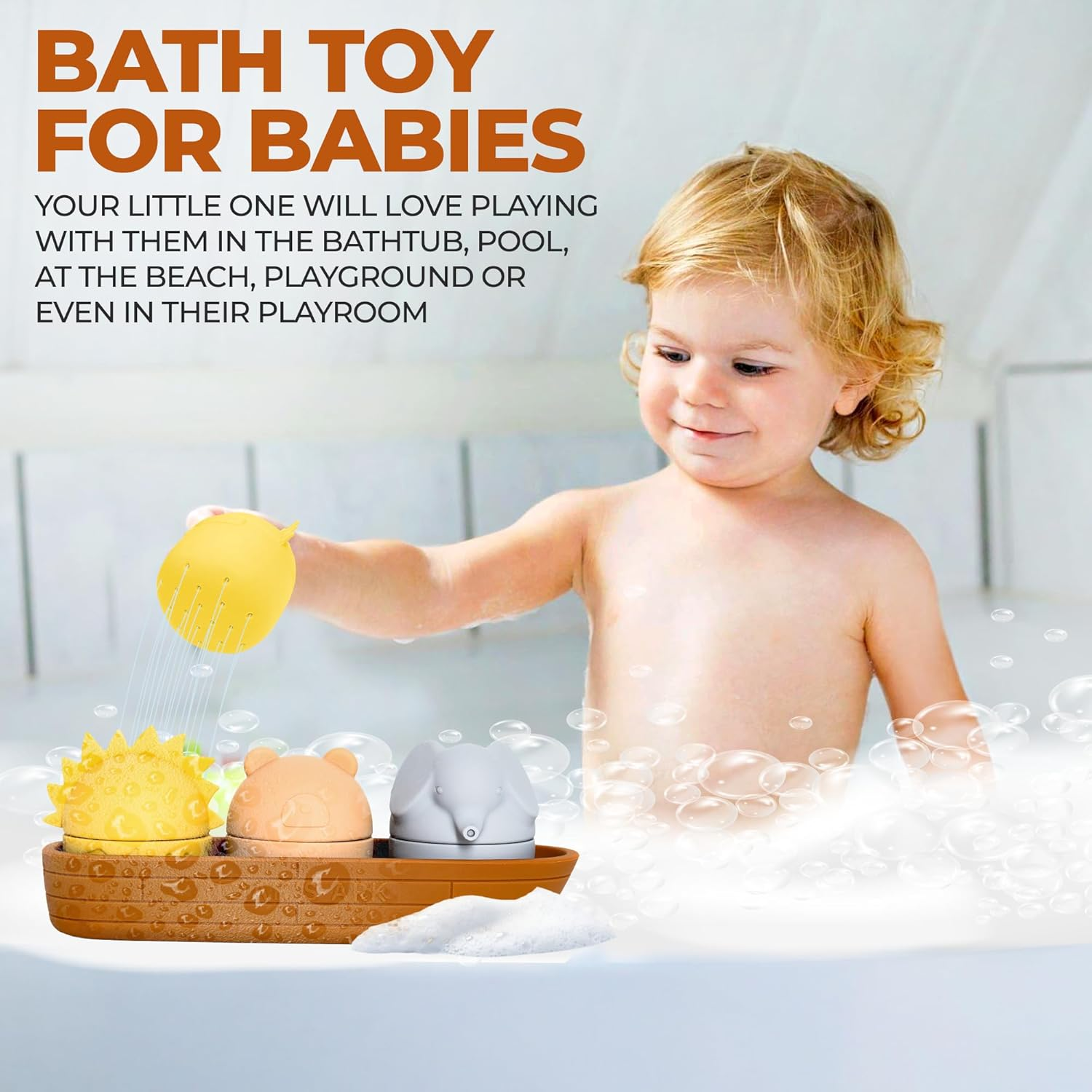 Ollie+Zara Noah'S Ark Silicone Bath Toy Set - Mould Free - 4 Piece - Exclusive Design - Squirt Water and Open to Clean image number 1