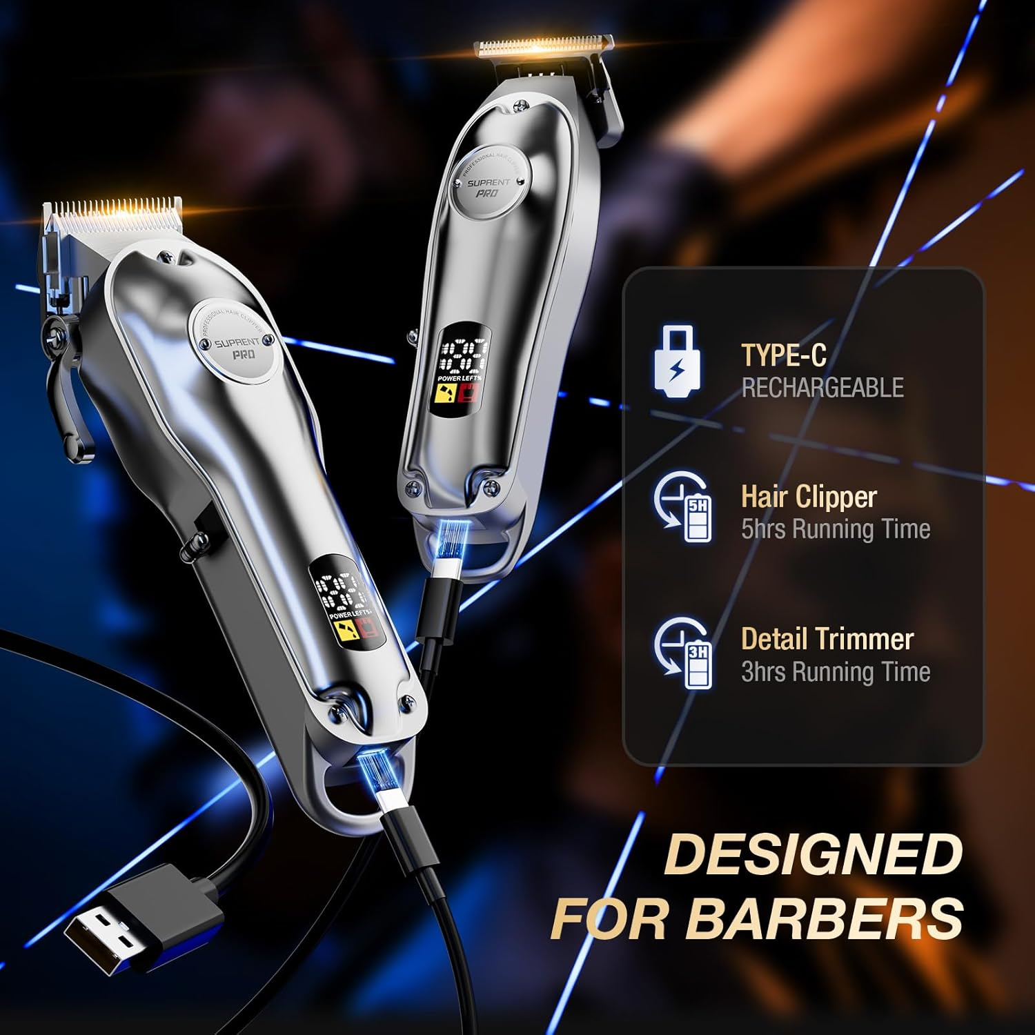 SUPRENT Professional Hair Clippers for Men, Cordless Hair Cutting Kit, Barber Clippers & Zero-Gapped Trimmer Combo with Type-C Rechargeable, Titanium Plated Ceramic Blade (Silver) image number 4