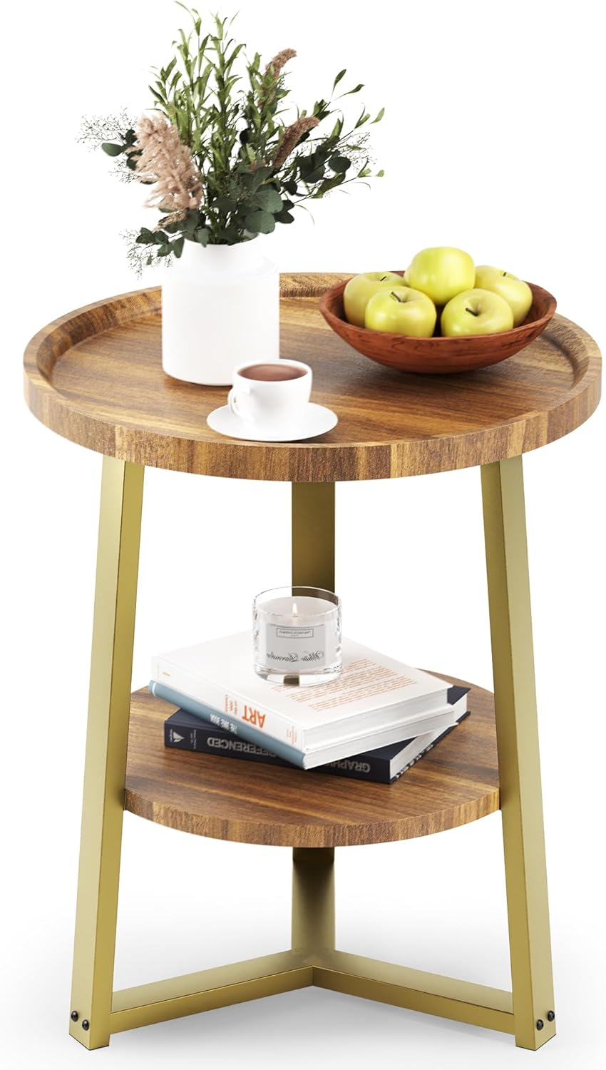 PATIOPIA 2 Tier Side Table, round End Table with Storage Shelf, 19.7" D X 23.6" H Rustic Accent Table for Living Room Small Space,Golden Metal Frame image number 3