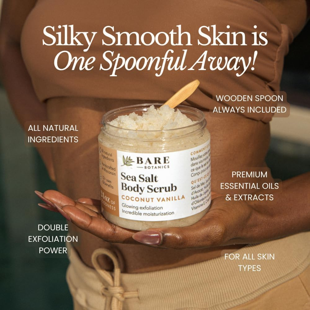 (Coconut Vanilla) - Bare Botanics Coconut Vanilla Dead Sea Salt Body Scrub, Large 470Ml, Wet Skin Moisturiser & Skin Exfoliator, Organic and All Natural Booty, Hand, and Foot Scrub for Dead Skin image number 1