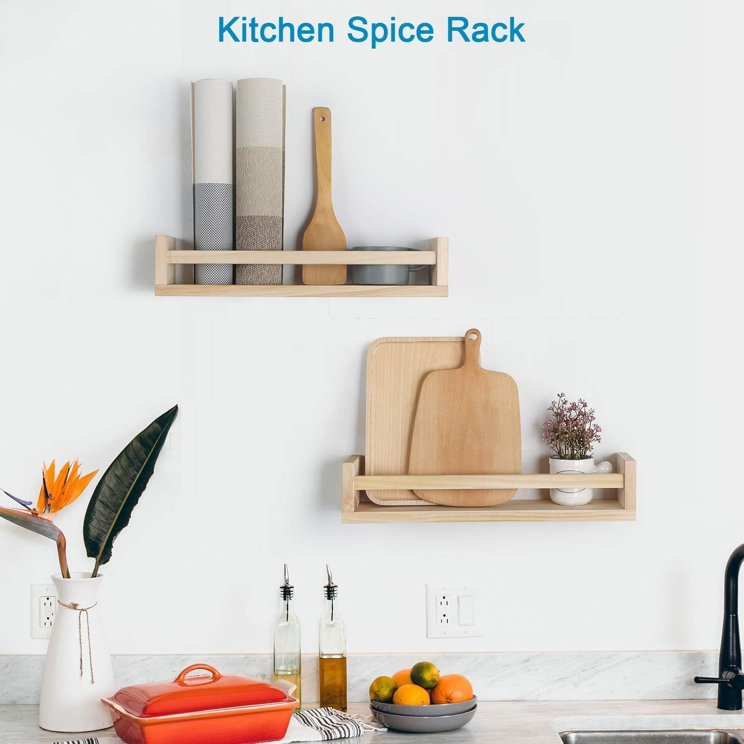 METOY 2Pcs Floating Wall Shelves, Naturel Wood Floating Wall Bookshelf Nursery Bookshelves for Bathroom Decor Kitchen Spice Rack Bookshelf Organizer image number 6