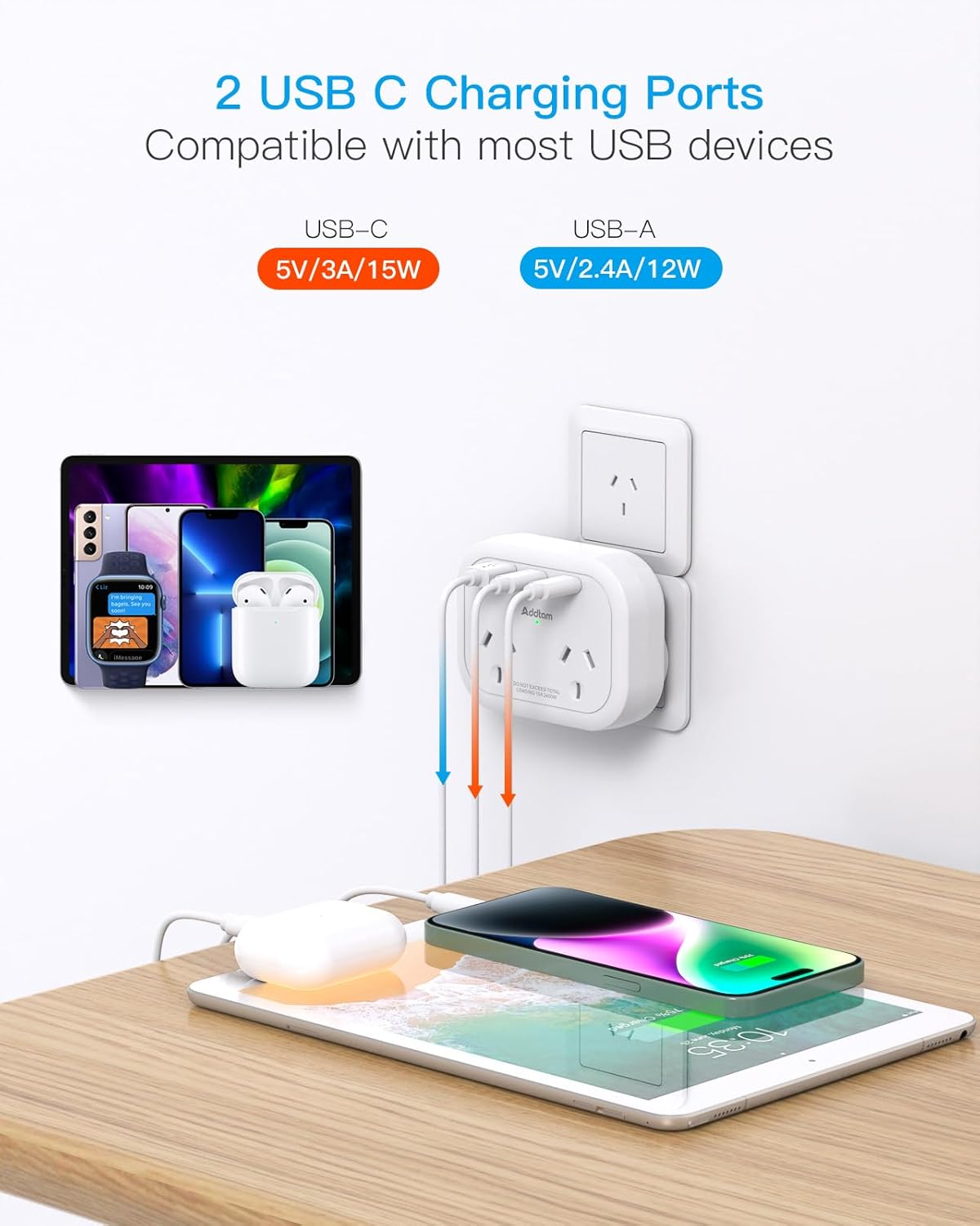 Power Board, Power Strip with 3 USB Ports (2 USB C), No Cord Extension Board, Double Adapter, Outlet Extender, Multi Plug Outlet, Cruise Ship Accessories for Home, Office, Bedroom, Travel image number 3