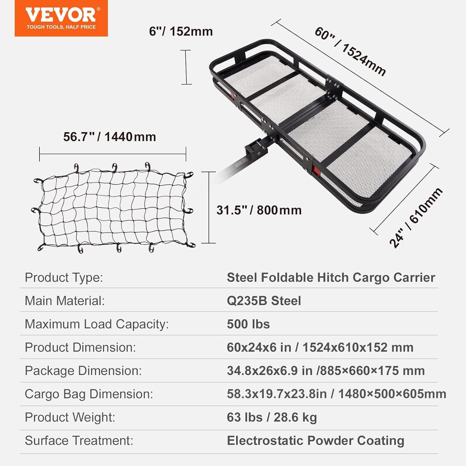 VEVOR 60X24X6 Inch Hitch Mount Cargo Carrier,500Lb Capacity Folding Trailer Hitch Cargo Basket & Waterproof Cargo Bag,Luggage Carrier Rack Fits 2" Hitch Receiver with Cargo Net for SUV Truck Pickup image number 2