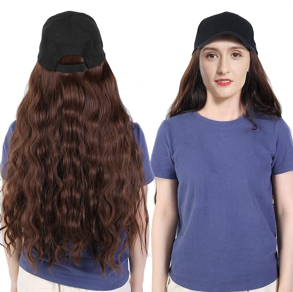 Baseball Cap Wig Long Wavy Hair, Baseball Cap with Hair Extensions for Women Adjustable Hat, Baseball Hat with Long Wavy Hair Wigs Fashion Women Girl Hat Wig Light Brown