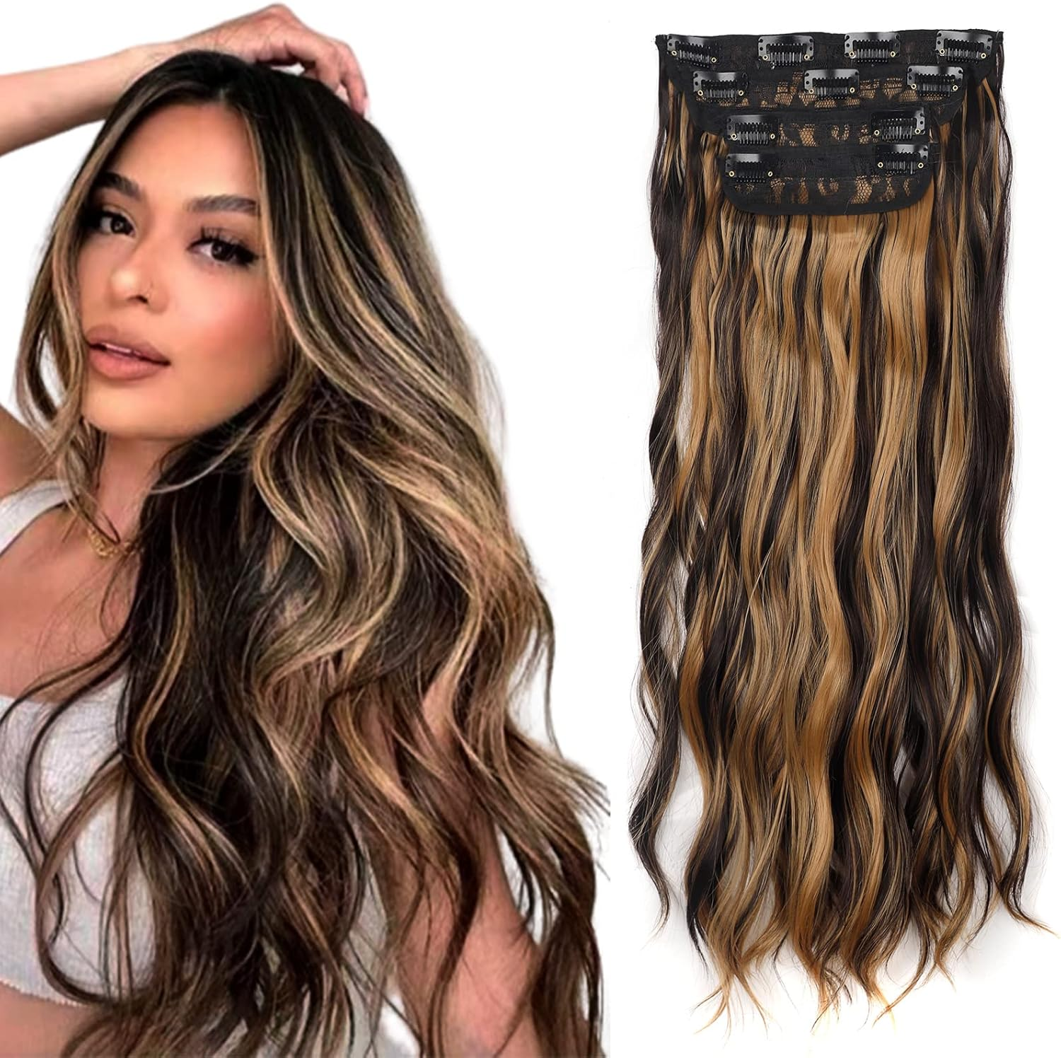 Gairyan Clip in Hair Extensions 4PCS Curly Wavy Long Hair Pieces Full Head Synthetic Hair Extension Thick Natural Look for Women, 22 Inches 180G, Dirty Blonde image number 2
