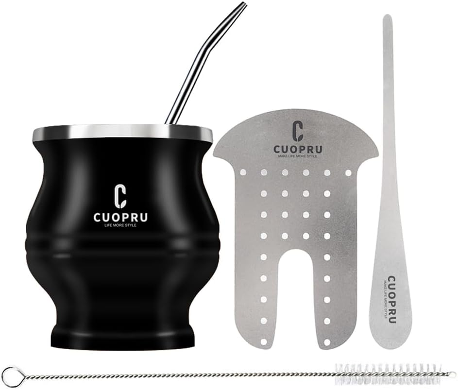 Cuopru Yerba Mate Cup Bombilla - Mate Gourd Set Includes Double Walled Stainless Steel Tea Cup, Tea Shaper Set, Bombilla Straws, Cleaning Brush