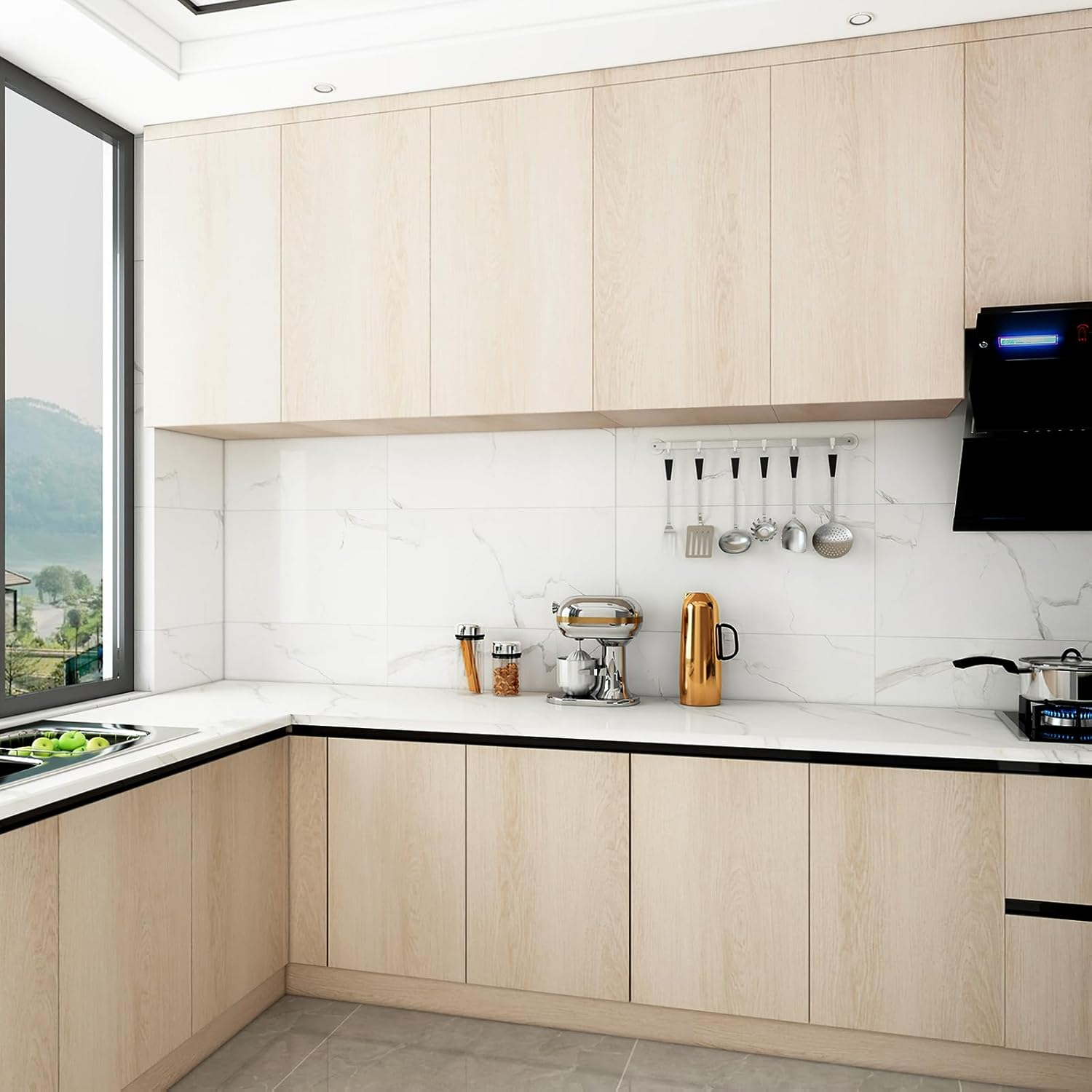 TOTIO Rice Yellow Wood Grain Contact Paper Walnut Textured Peel and Stick Wallpaper 16X354Inch Air Guide Slot Design Matte Thickened Self-Adhesive Waterproof Furniture Stickers Vinyl Decorative Film image number 2