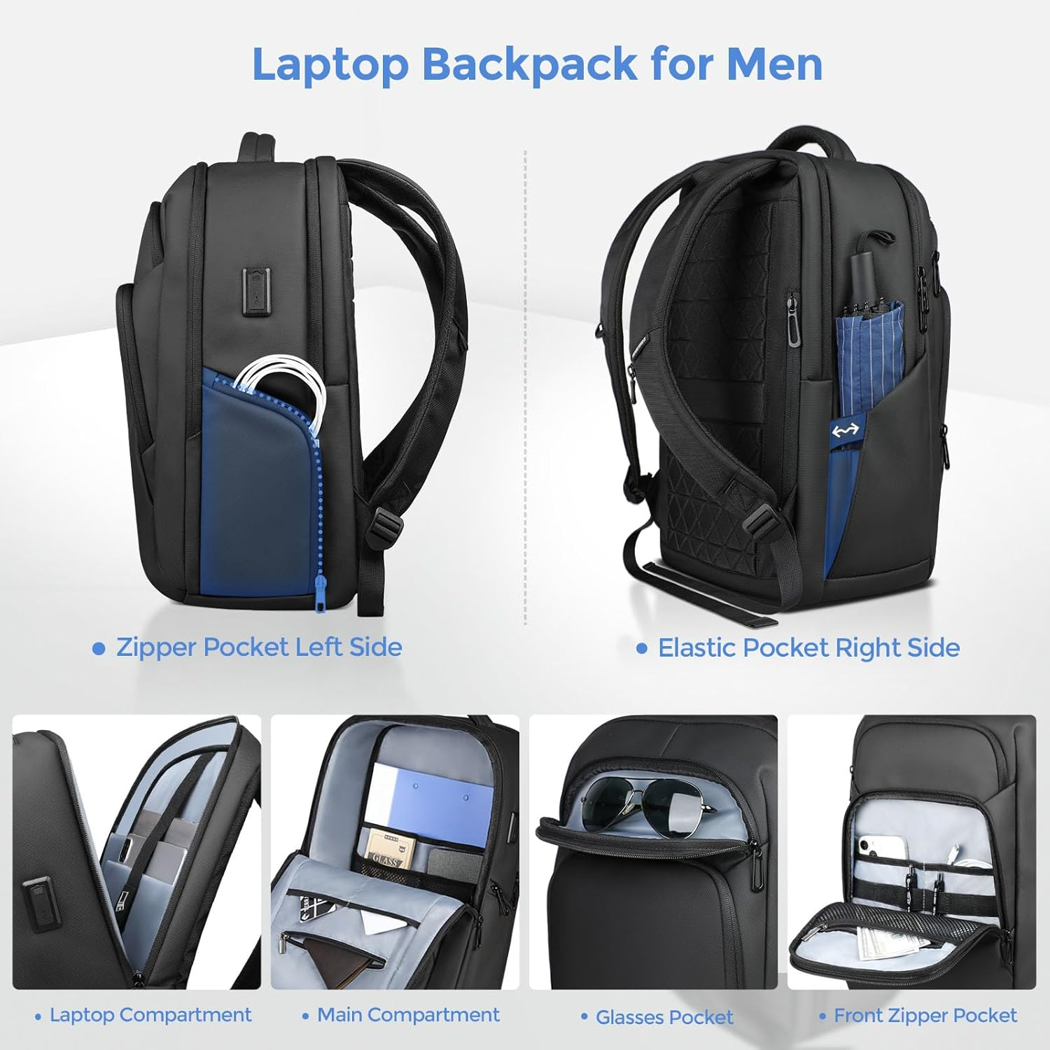 17.3 Inch Laptop Backpack for Travel Work Office College, 30L Water Resistant Casual Daypack, Lightweight Computer Backpack for Men Women, Business Laptop Bag with USB Charging Port - Black image number 5