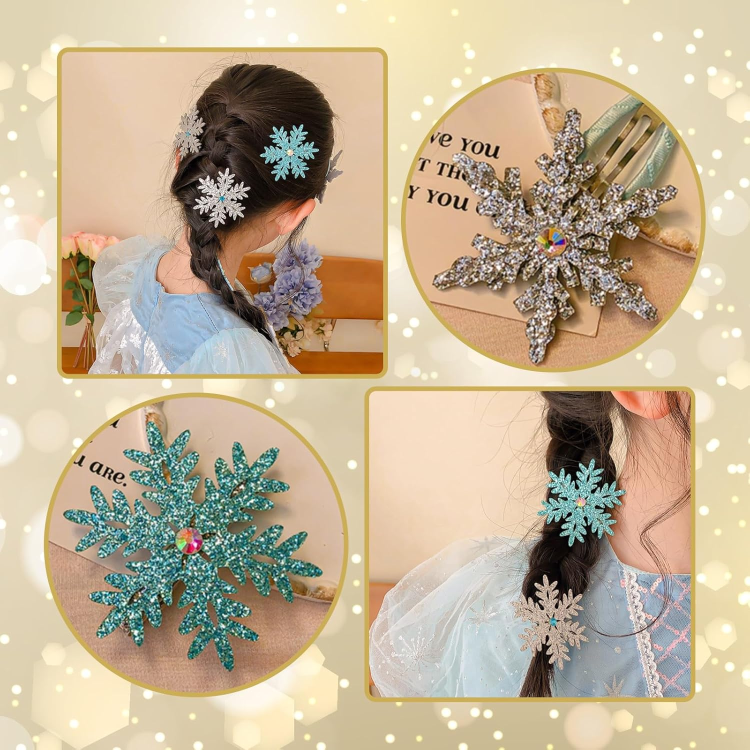 EWEIS 6 Pack Snowflake Hair Clips, Glitter Snowflake Hair Accessories for Girls,Princess Snow Flake Hair Clips&Accessories, Holiday Hair Bows, Kids & Women&rsquo;S Hair Accessories Set image number 1