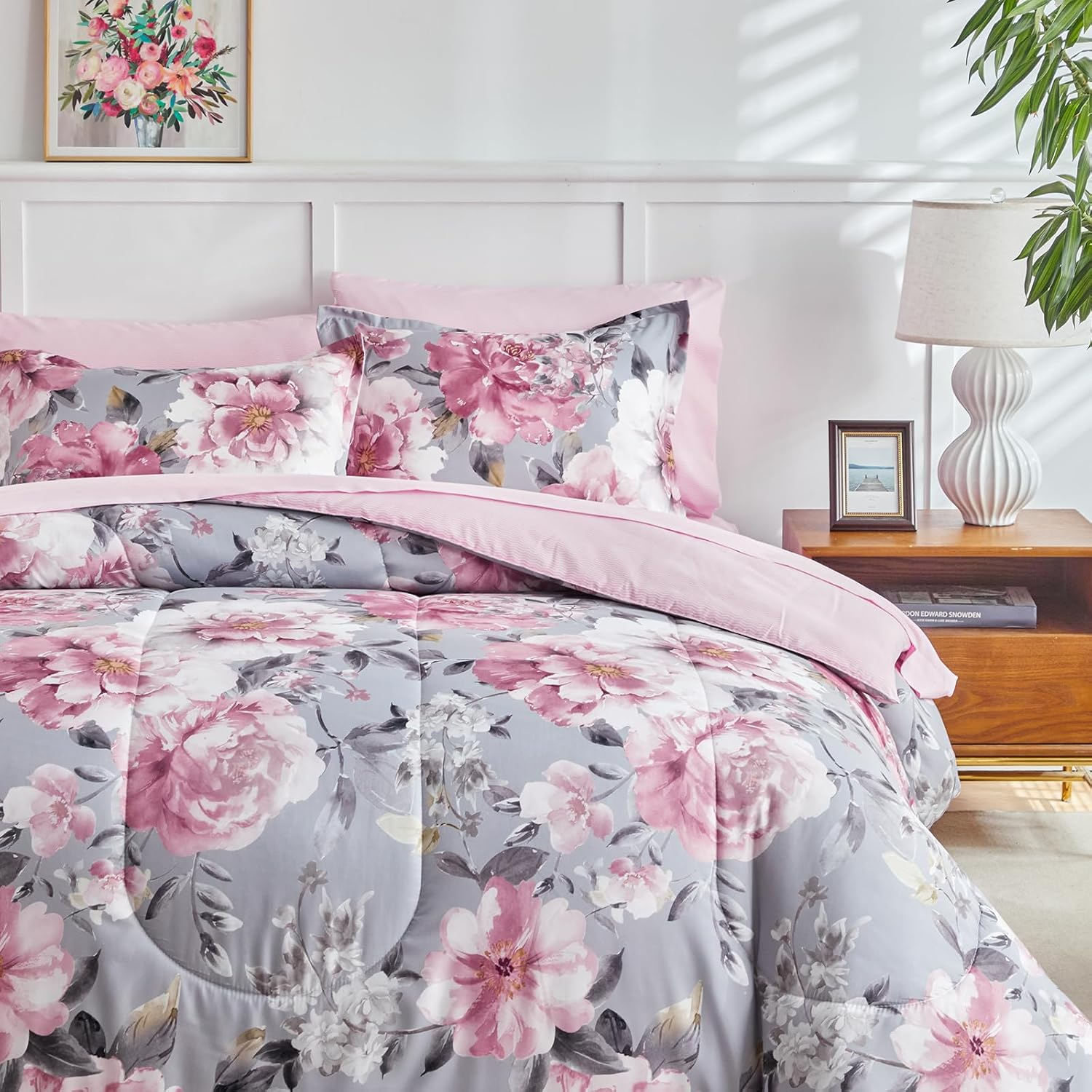 Joyreap 3Pcs Floral Comforter Set King, Tie-Dye Pink Flowers on Gray Design, Microfiber Lightweight Bedding Comforter Set for All Season- 100X88 Inches