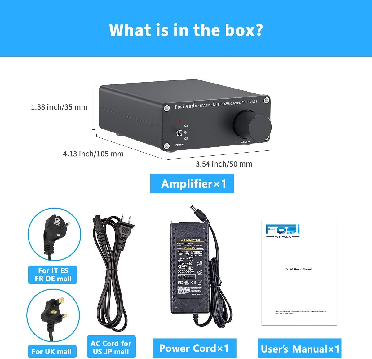 Fosi Audio V1.0B 2 Channel Amplifier Stereo Audio Amp Mini Hi-Fi Class D Integrated TPA3116 Amp for Home Speakers 50W X 2, with 19V 4.74A Power Supply image number 2