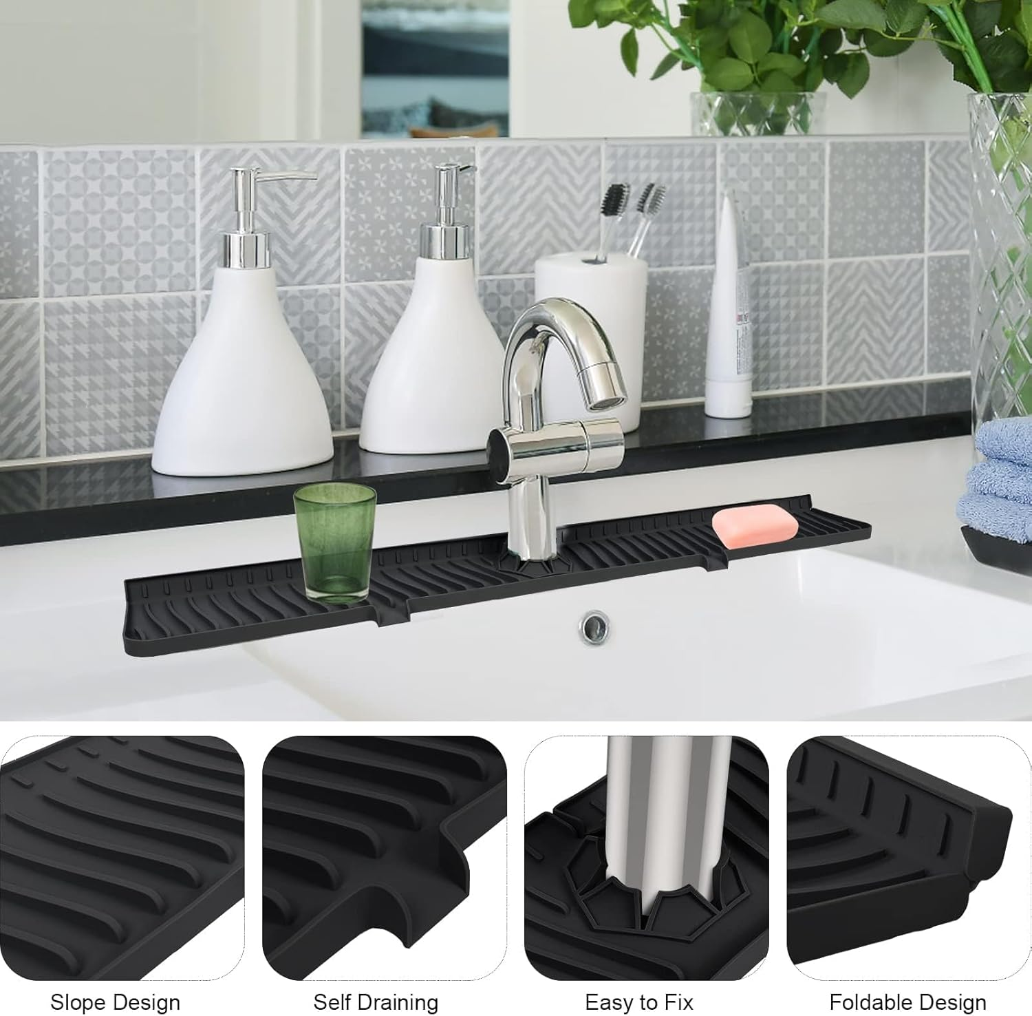 YOKONICO Kitchen Sink Splash Guard 75Cm / 30 Inch, Silicone Foldable Faucet Handle Drip Catcher Tray, Longer Drying Mat for Kitchen & Bathroom Countertop Protect, Drip Protector Splash Countertop image number 4