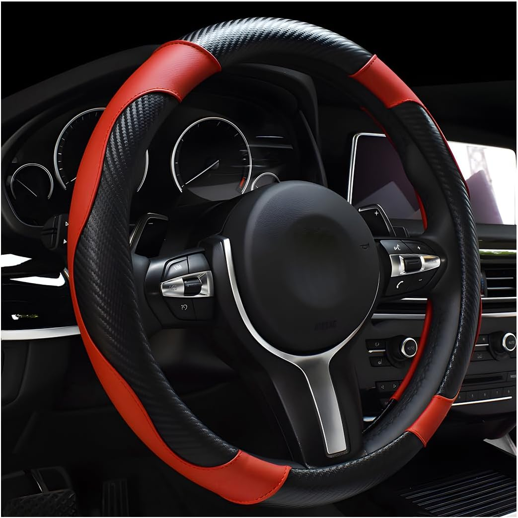 DXNQ Car Steering Wheel Cover, 15 Inch Carbon Fiber Leather Stitching Color Steering Wheel Protector, Anti-Slip Elastic Breathable Steering Wheel Cover Stylish Decor for Most Cars (Black&Red) - Beige, Ad image number 3