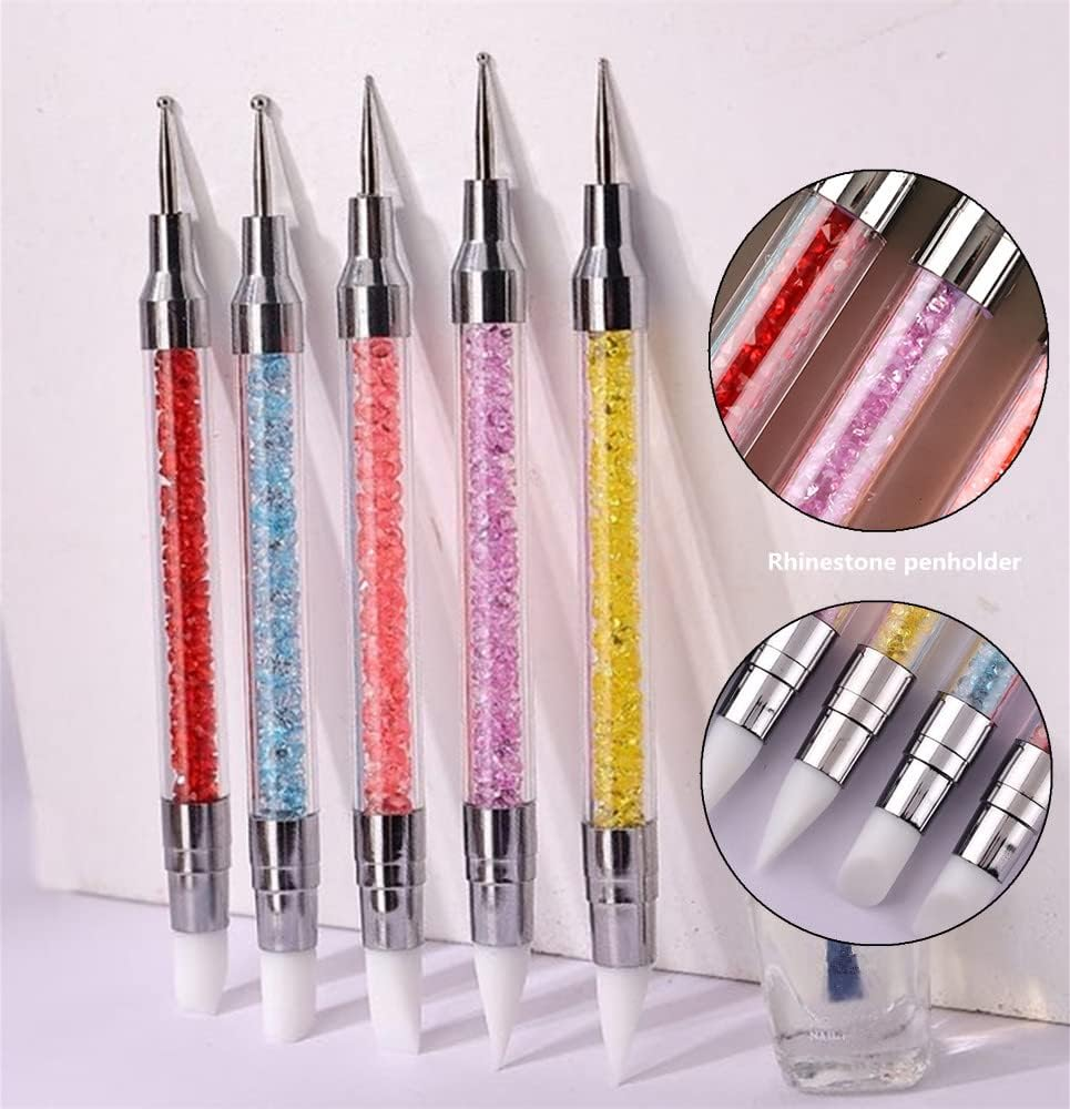 FULINJOY 5PCS Dual-Ended Nail Art Sculpture Pen Dotting Tools, Silicone Nail Polish Brushes Stainless Steel Carving Drawing Dotting Tool, Acrylic Rhinestone Handle, Nail Art Tools image number 3